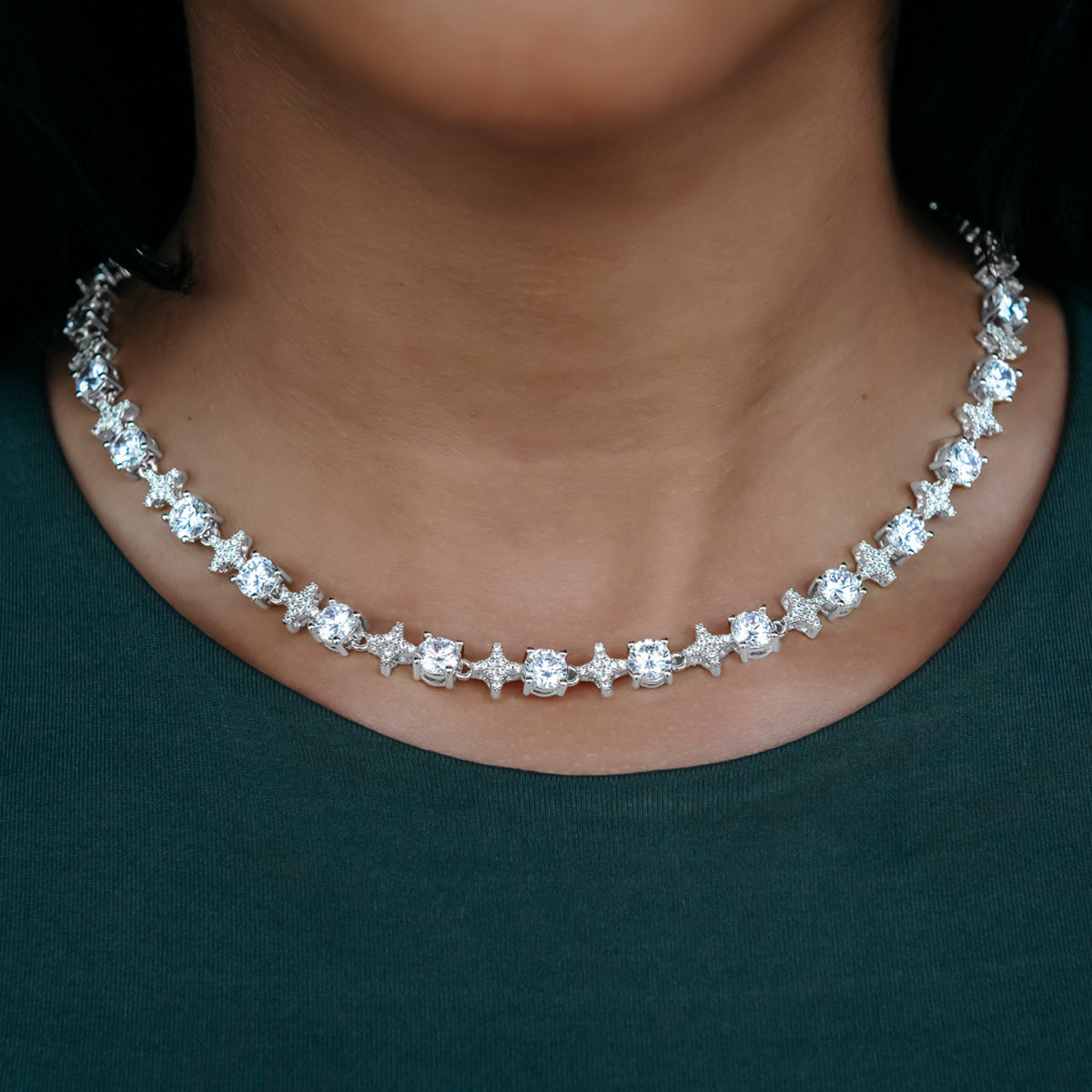 Round Stone Star Tennis Necklace in White Gold