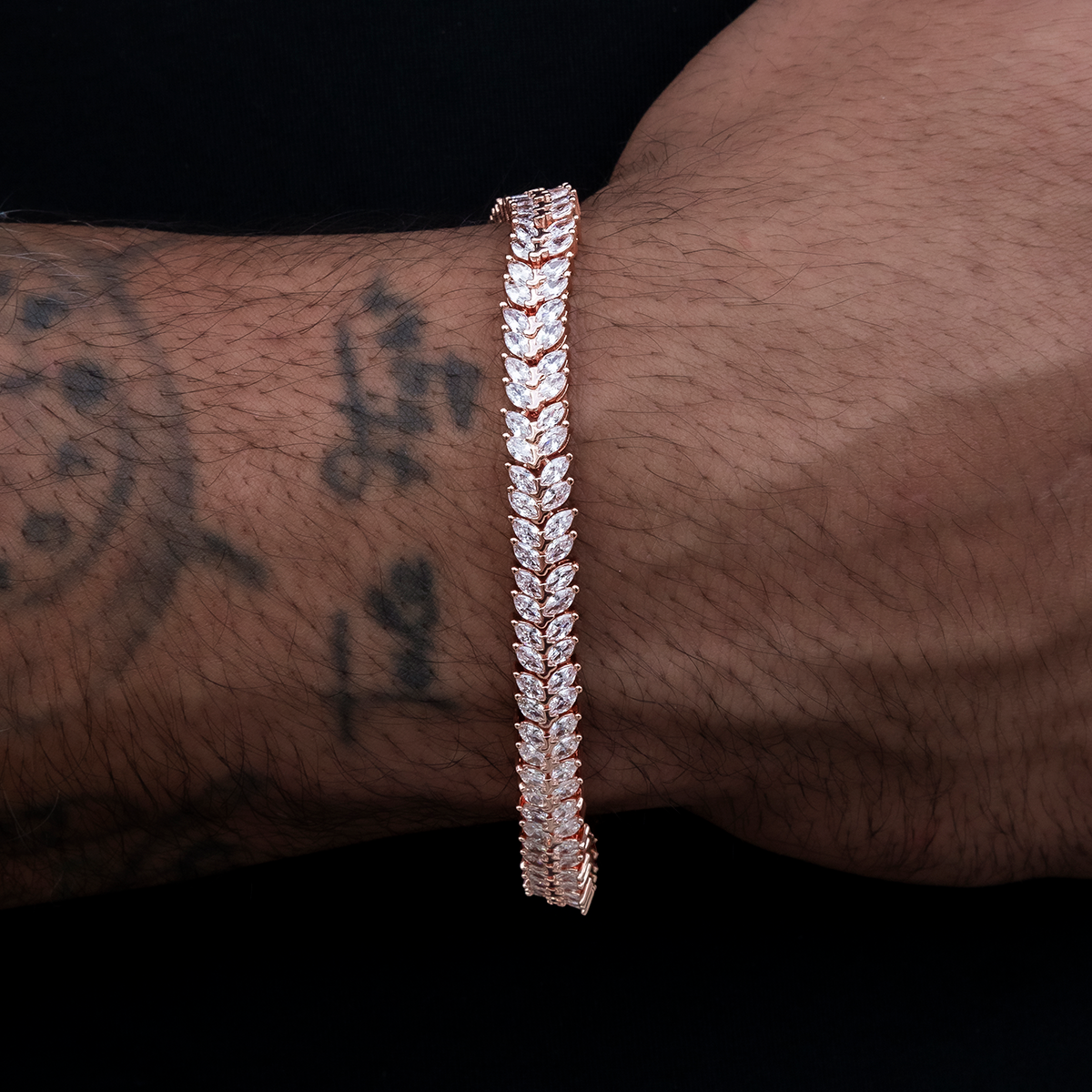 Iced Herringbone Bracelet in Rose Gold- 7mm