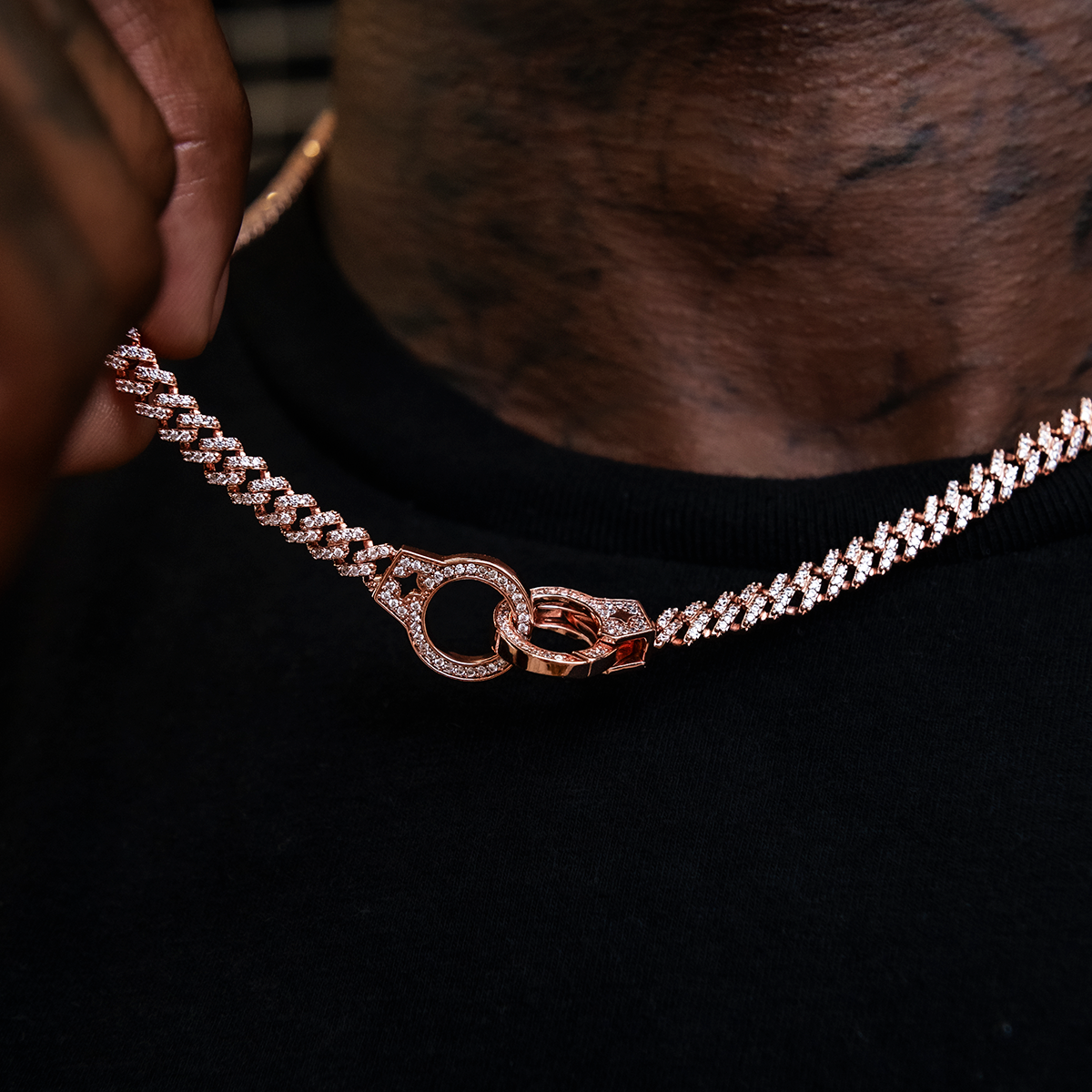 Iced Handcuff Diamond Prong Cuban Chain in Rose Gold