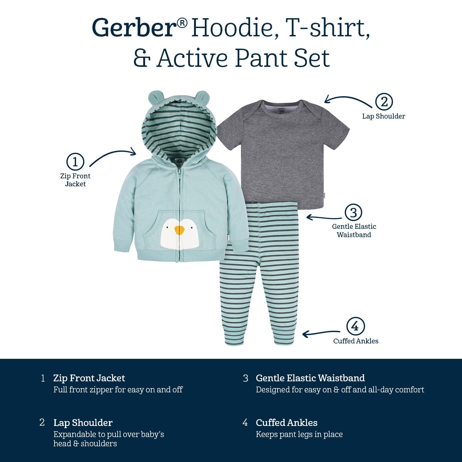 3-Piece Baby Boys Penguin Hoodie, T-Shirt & Active Pant Set