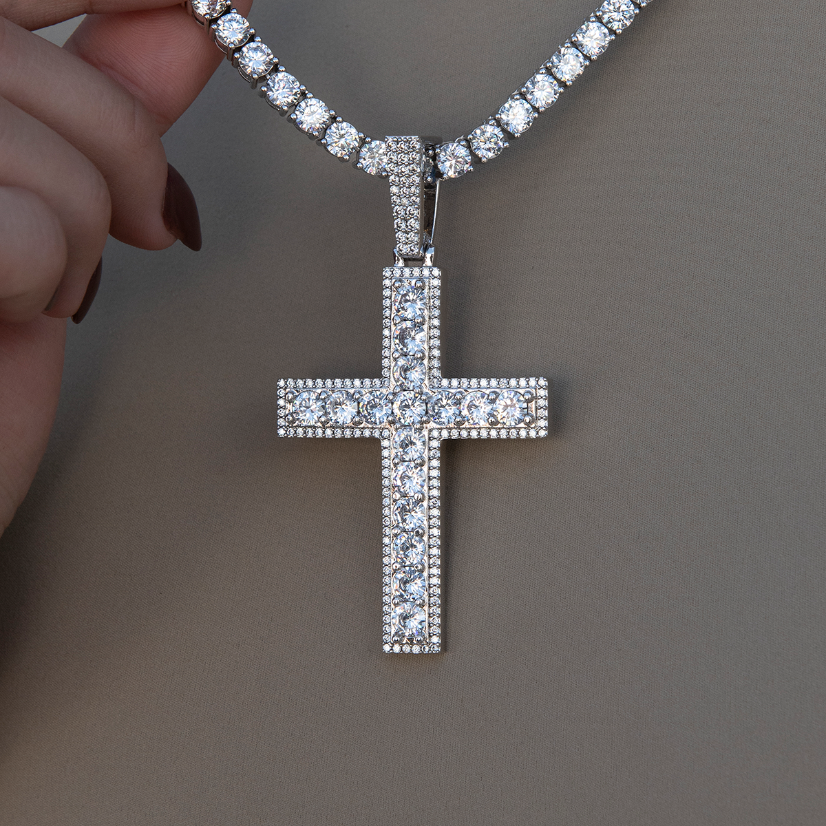 Large Diamond Pave Cross Pendant in White Gold