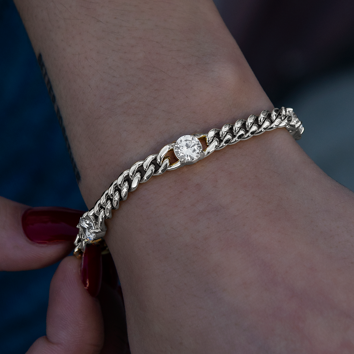 Round Stone Station Cuban Bracelet in White Gold