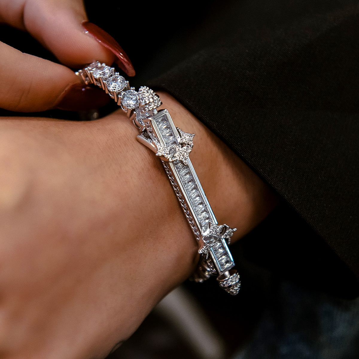 Iced Baguette Bar Bracelet in White Gold