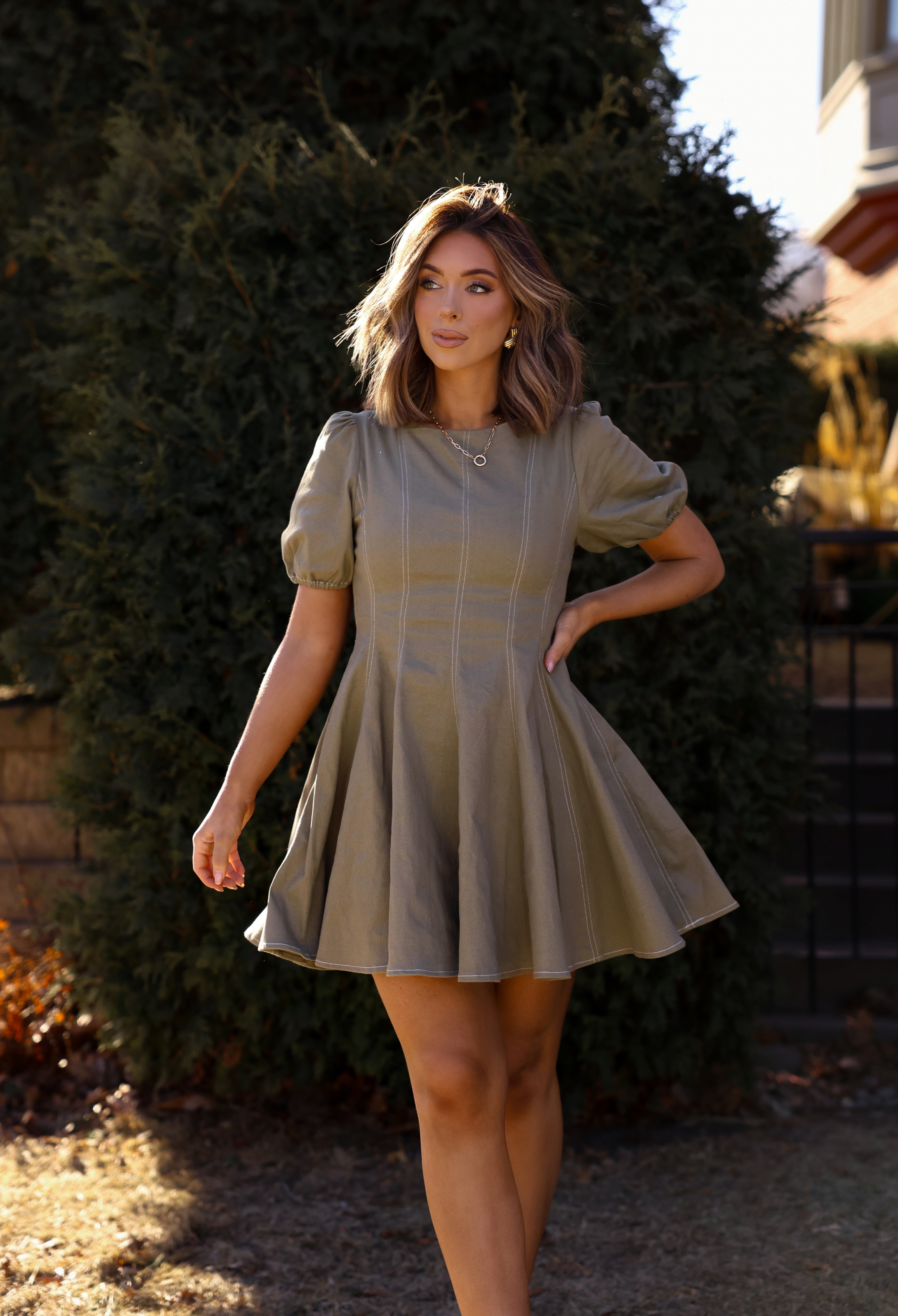 Olive Stitched Mini Dress