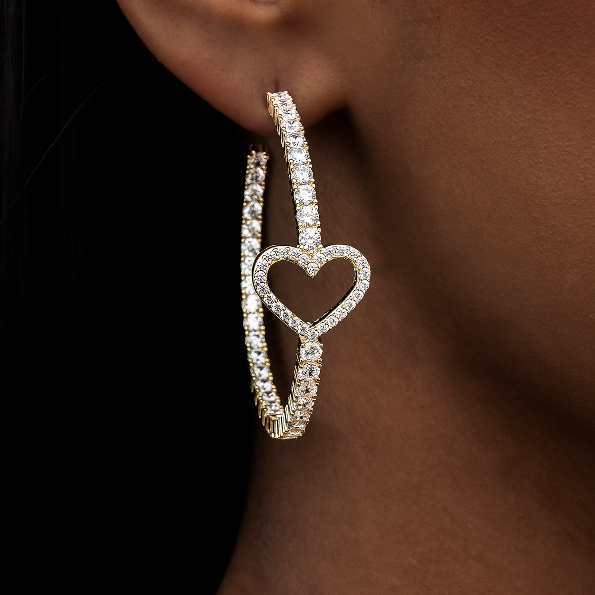 Heart Tennis Hoop Earrings in Yellow Gold