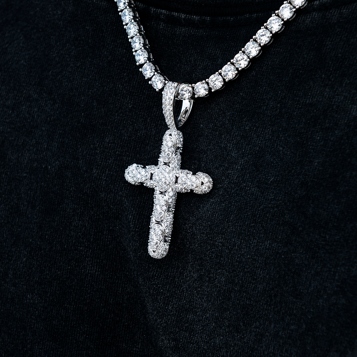 Diamond Pave Reptile Cross Pendant in White Gold