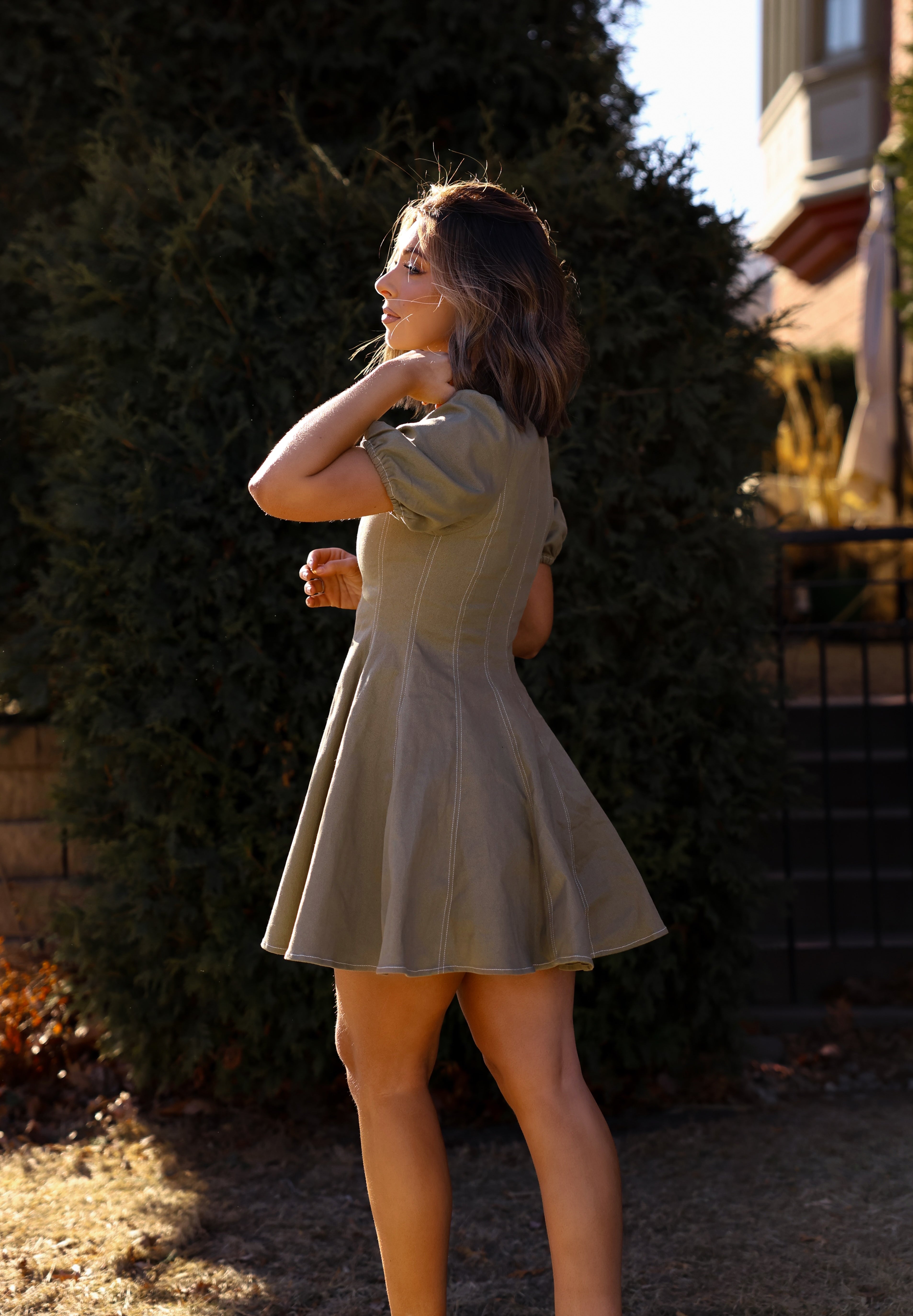 Olive Stitched Mini Dress