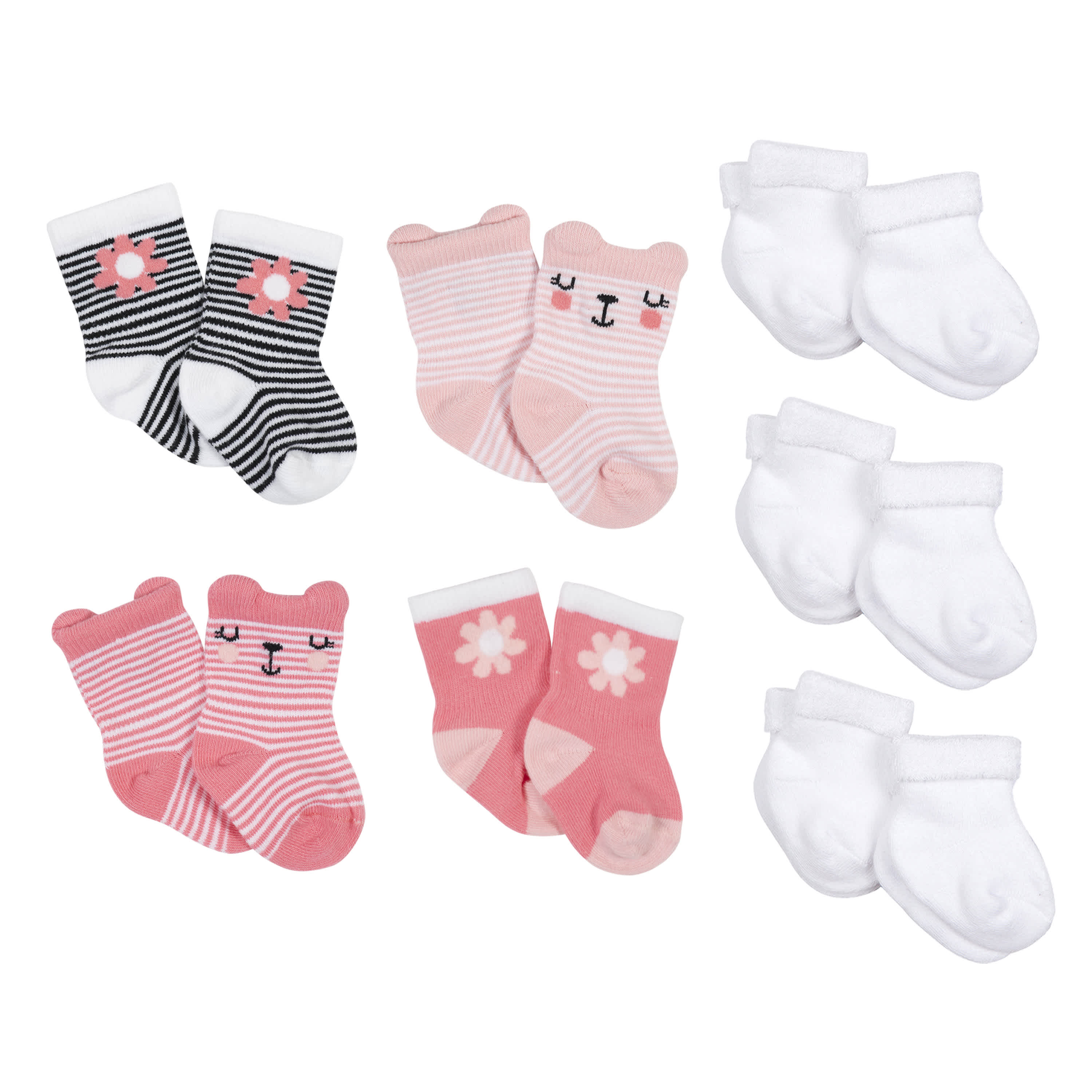 10-Pack Baby Girls Garden Floral & White Wiggle Proof Socks