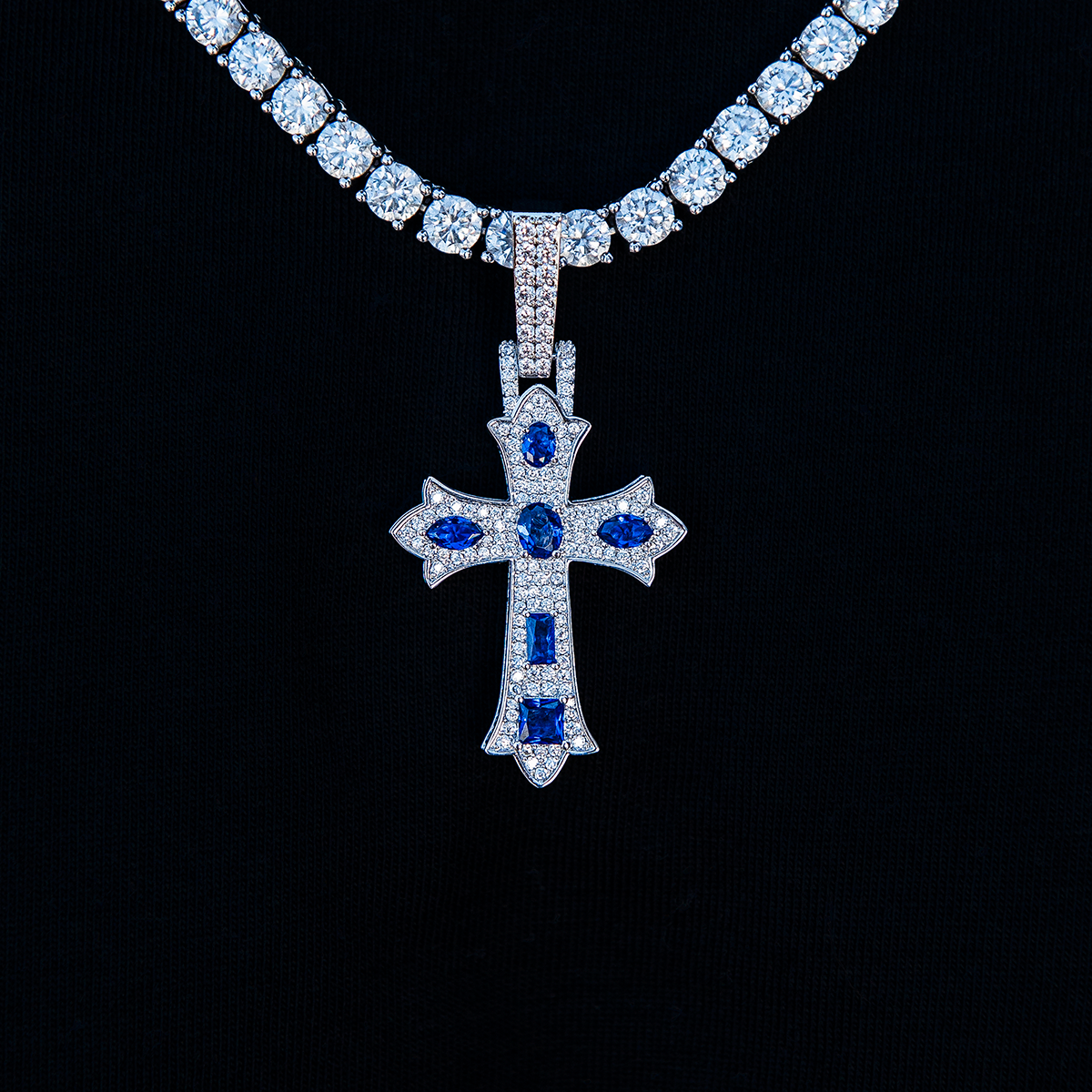 Sapphire Gothic Cross Pendant in White Gold