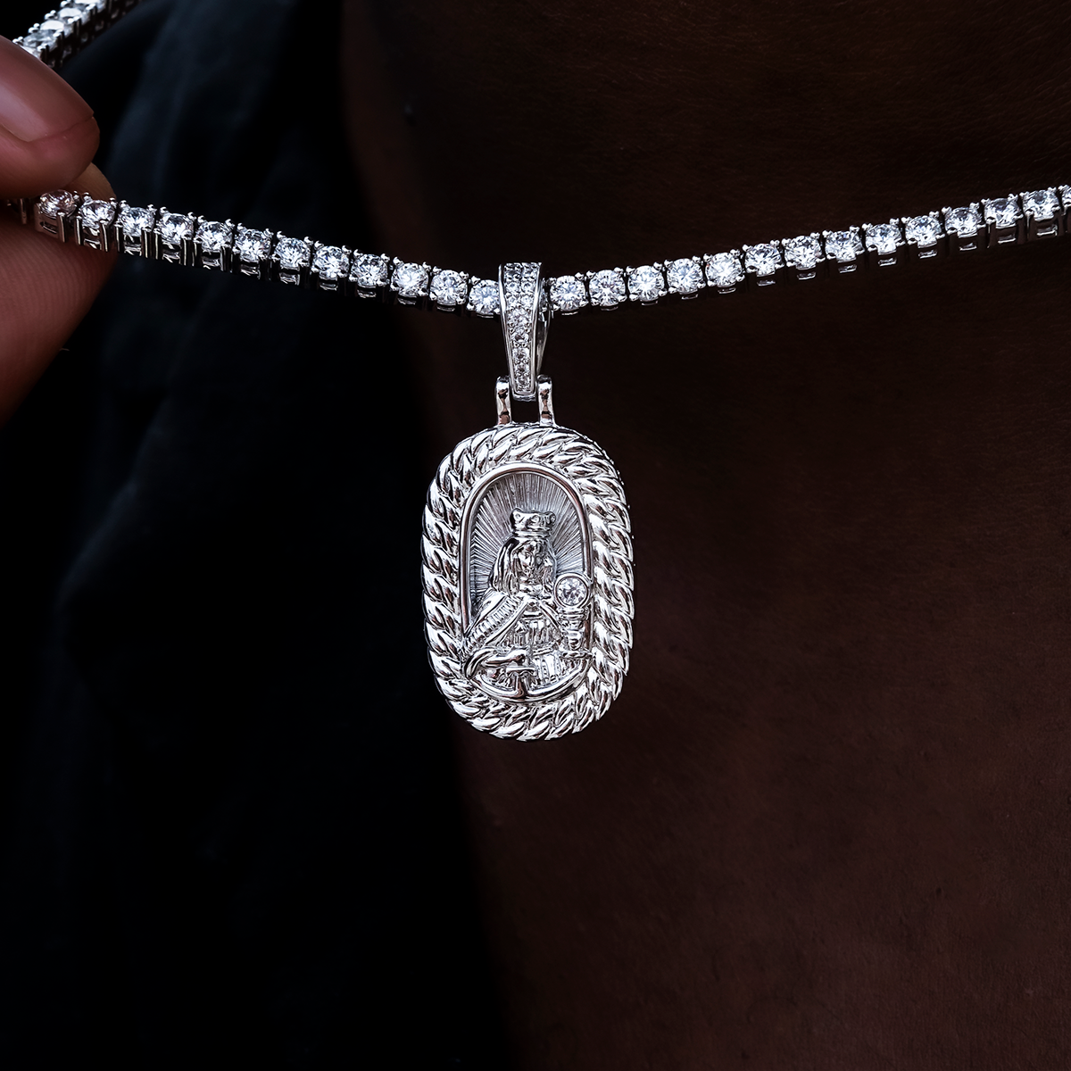 Icon Crowned Mary Pendant in White Gold