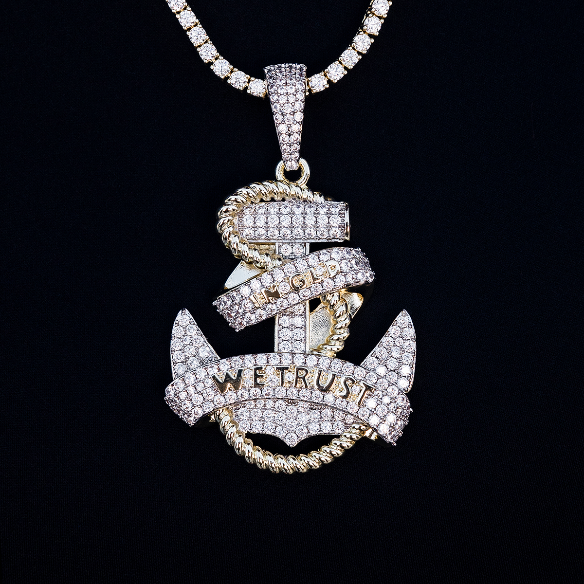 Large Iced Anchor Pendant in Yellow Gold