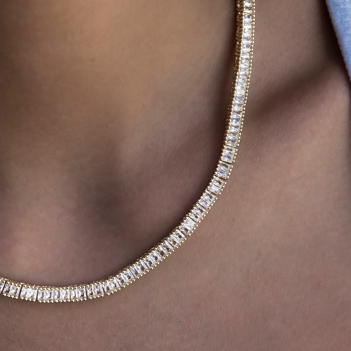 Diamond Baguette Tennis Necklace in Yellow Gold- 3mm