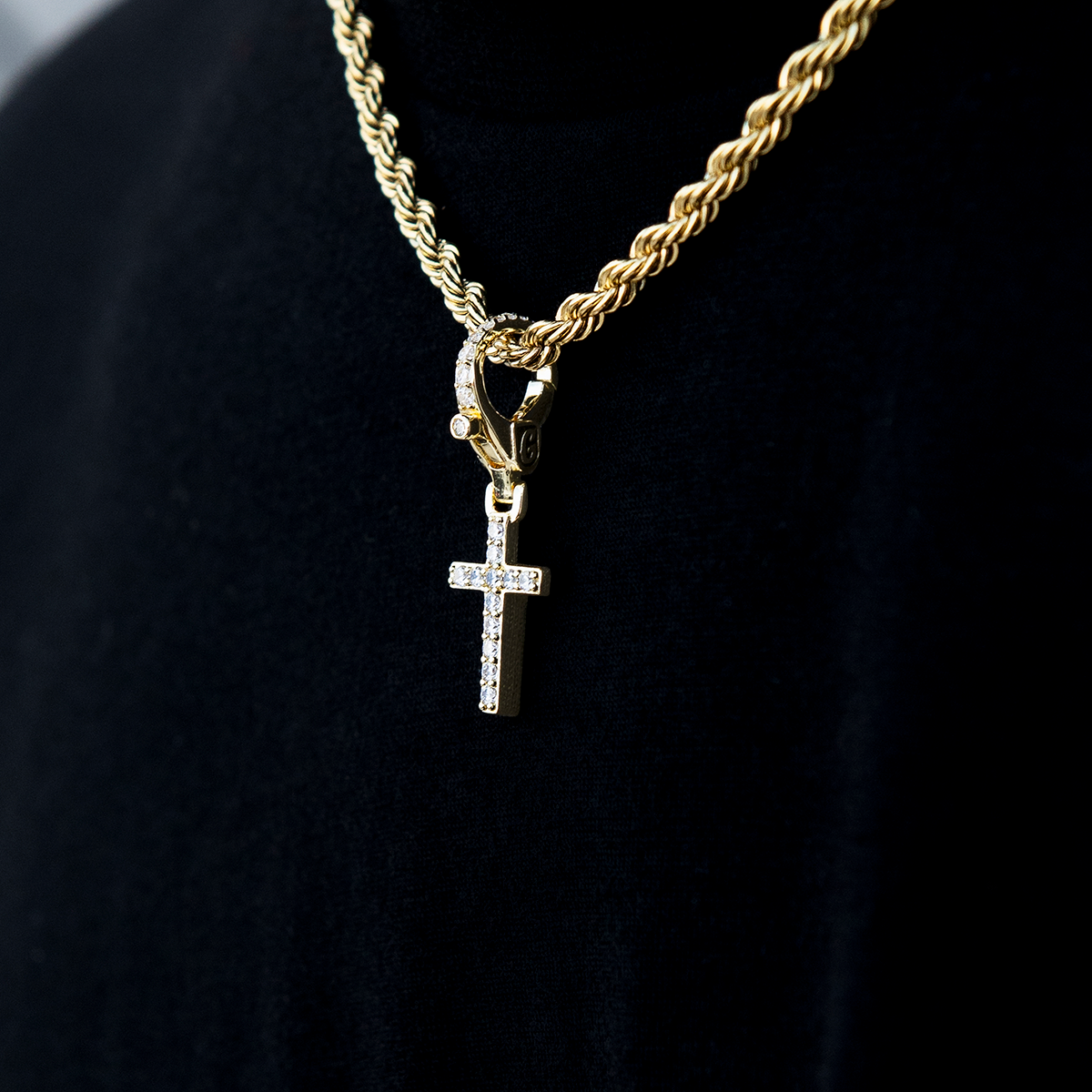 Iced Micro Cross Clip On Pendant in Yellow Gold