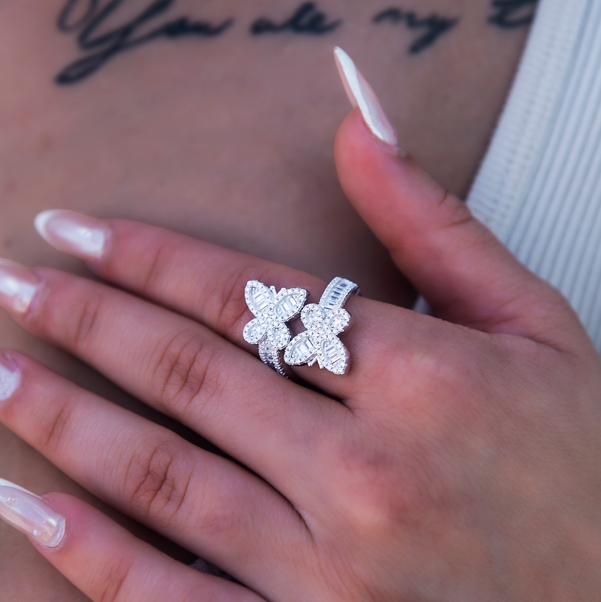 Diamond Baguette Butterfly Ring in White Gold Vermeil