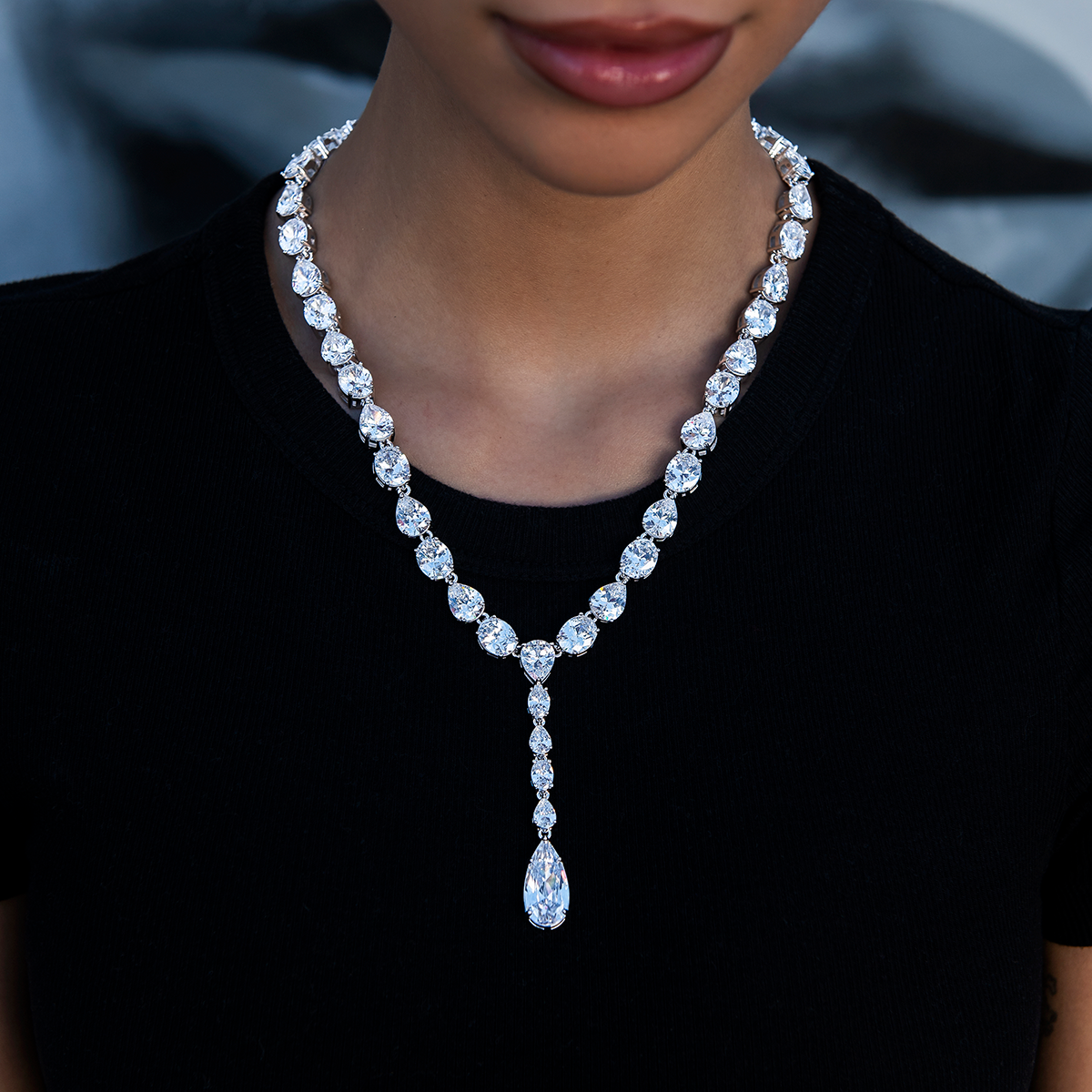 Diamond Teardrop Lariat Necklace in White Gold