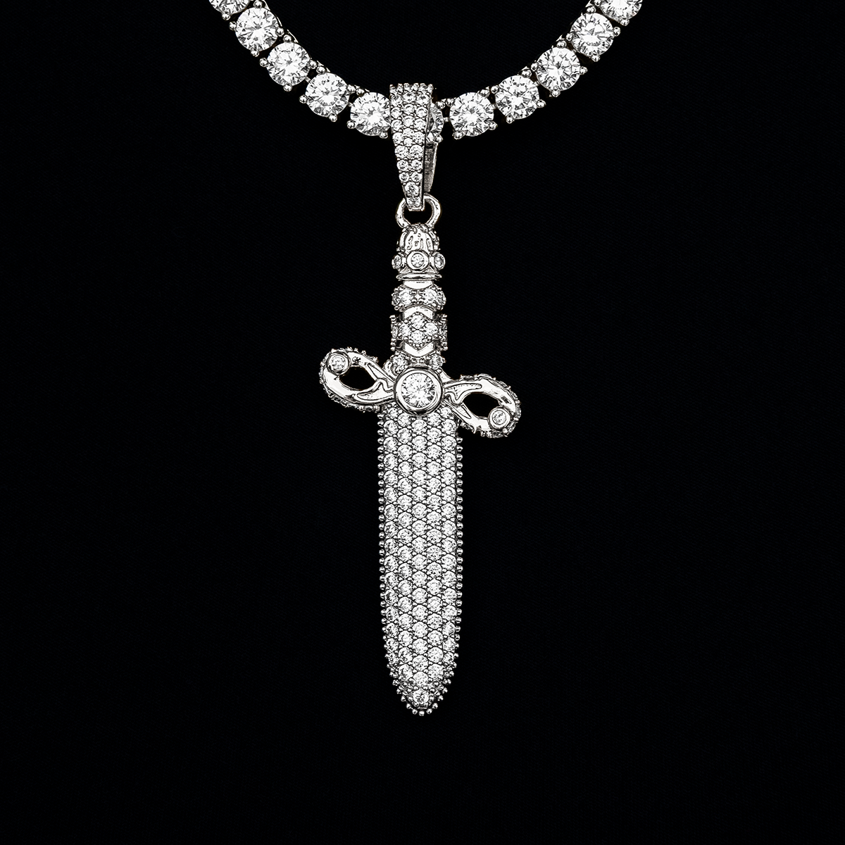 Large Iced Knife Pendant in White Gold