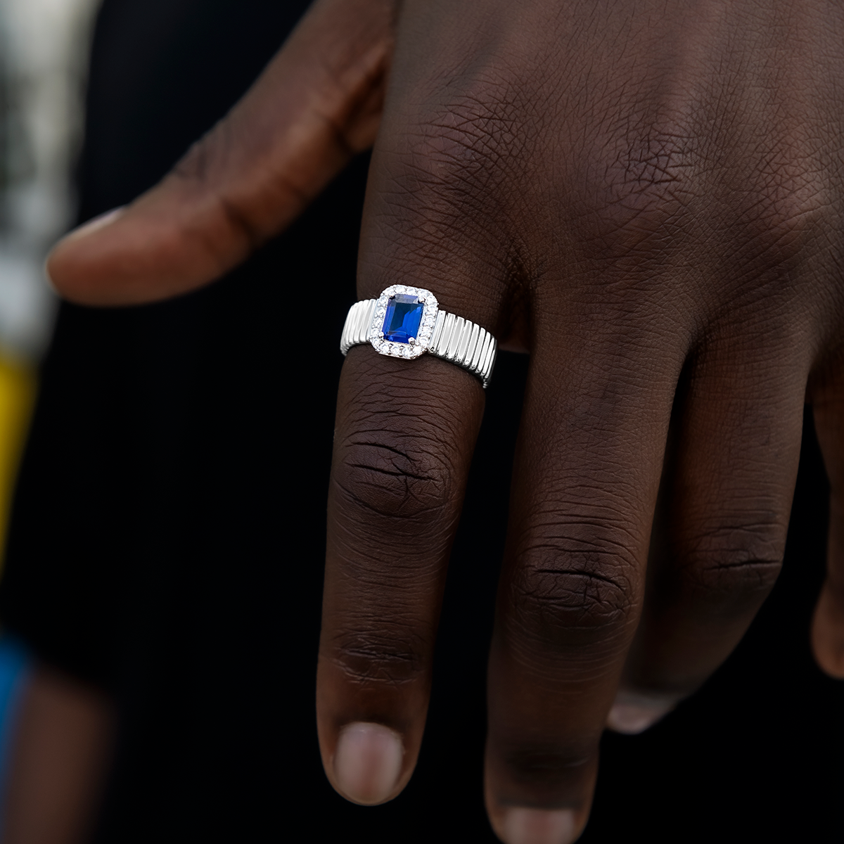 Diamond Emerald Cut Sapphire Textured Ring in White Gold Vermeil