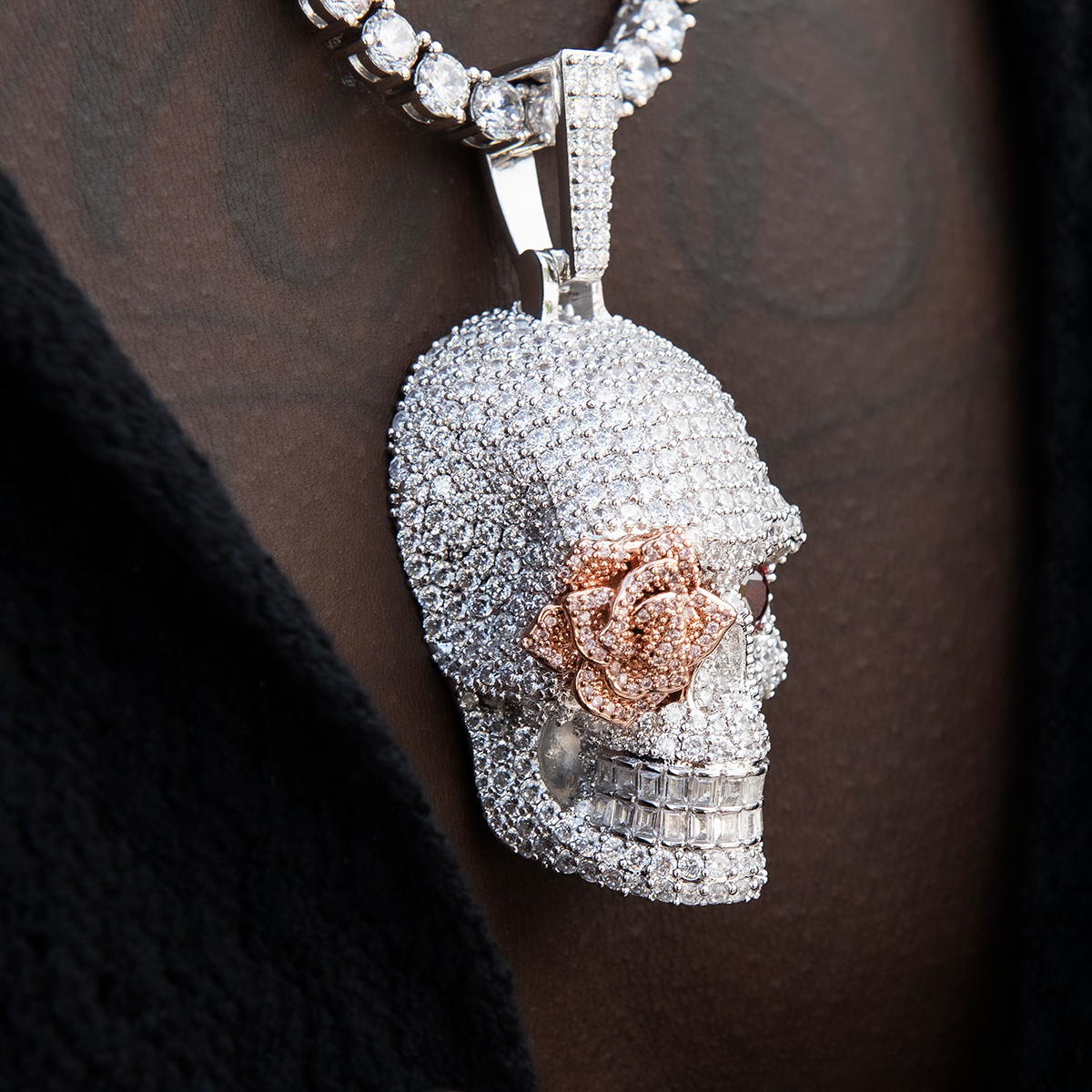 Large Iced Rose Skull Pendant