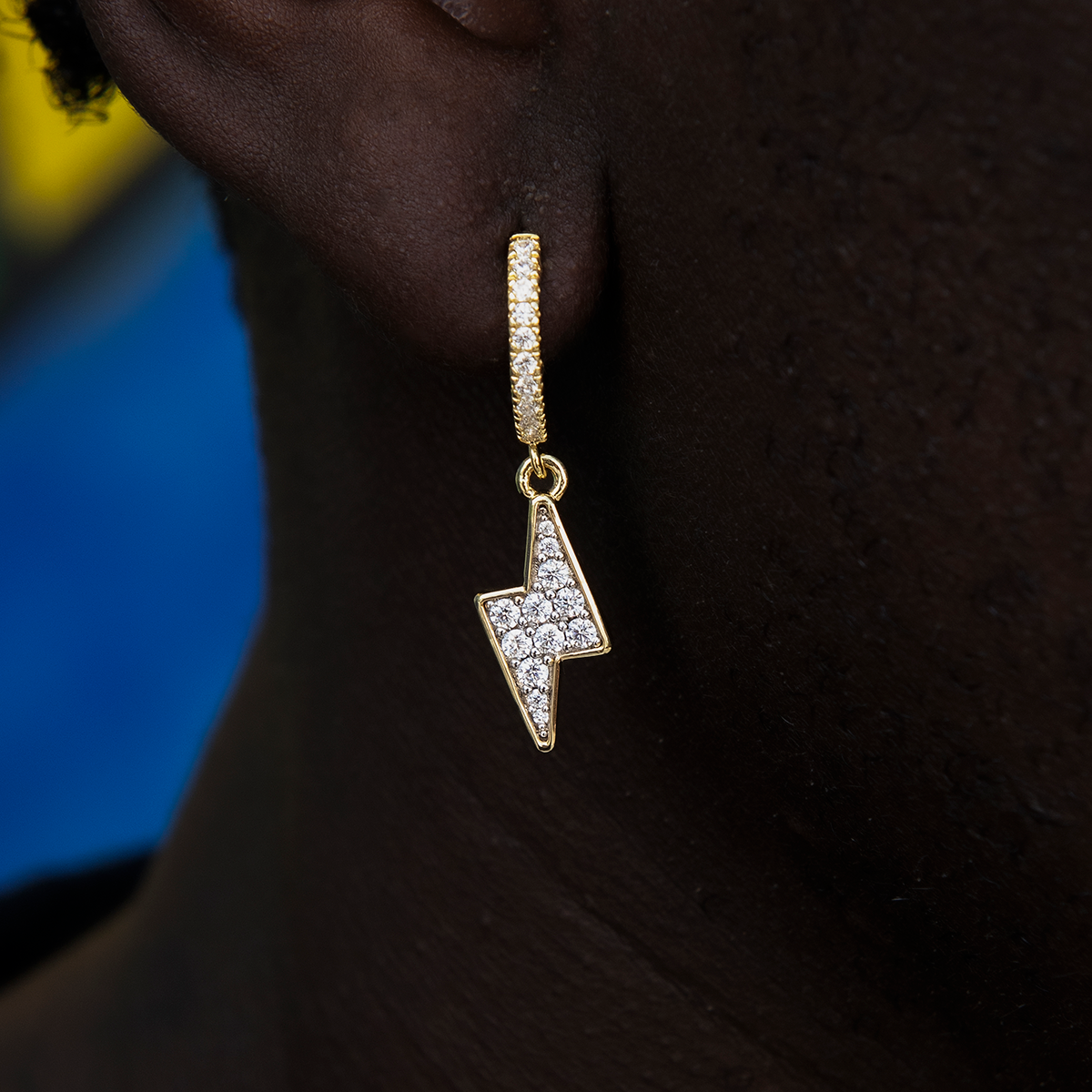 Iced Bolt Hoop Earrings in Yellow Gold