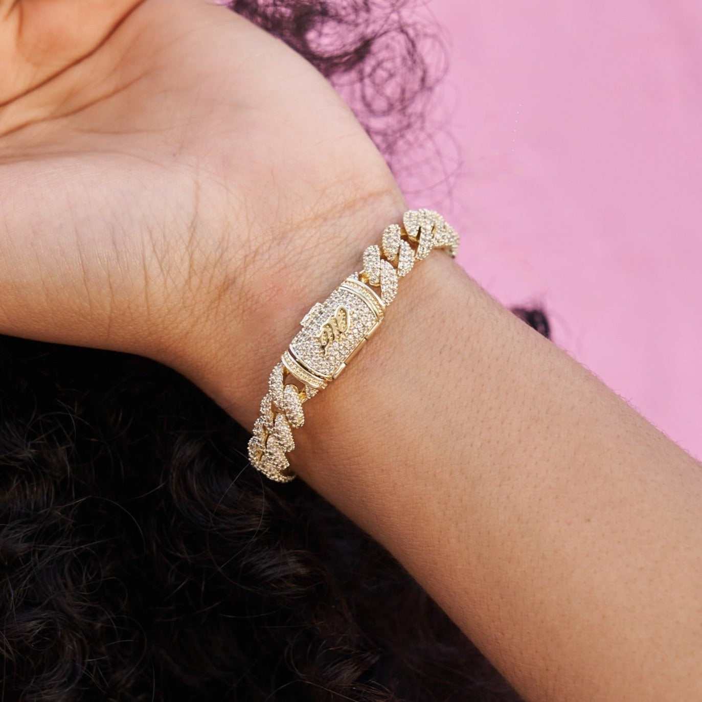 Micro Clustered Tennis Necklace + 8.5mm Iced Cuban Bracelet + Diamond Cross Hoop Earring Bundle in Yellow Gold