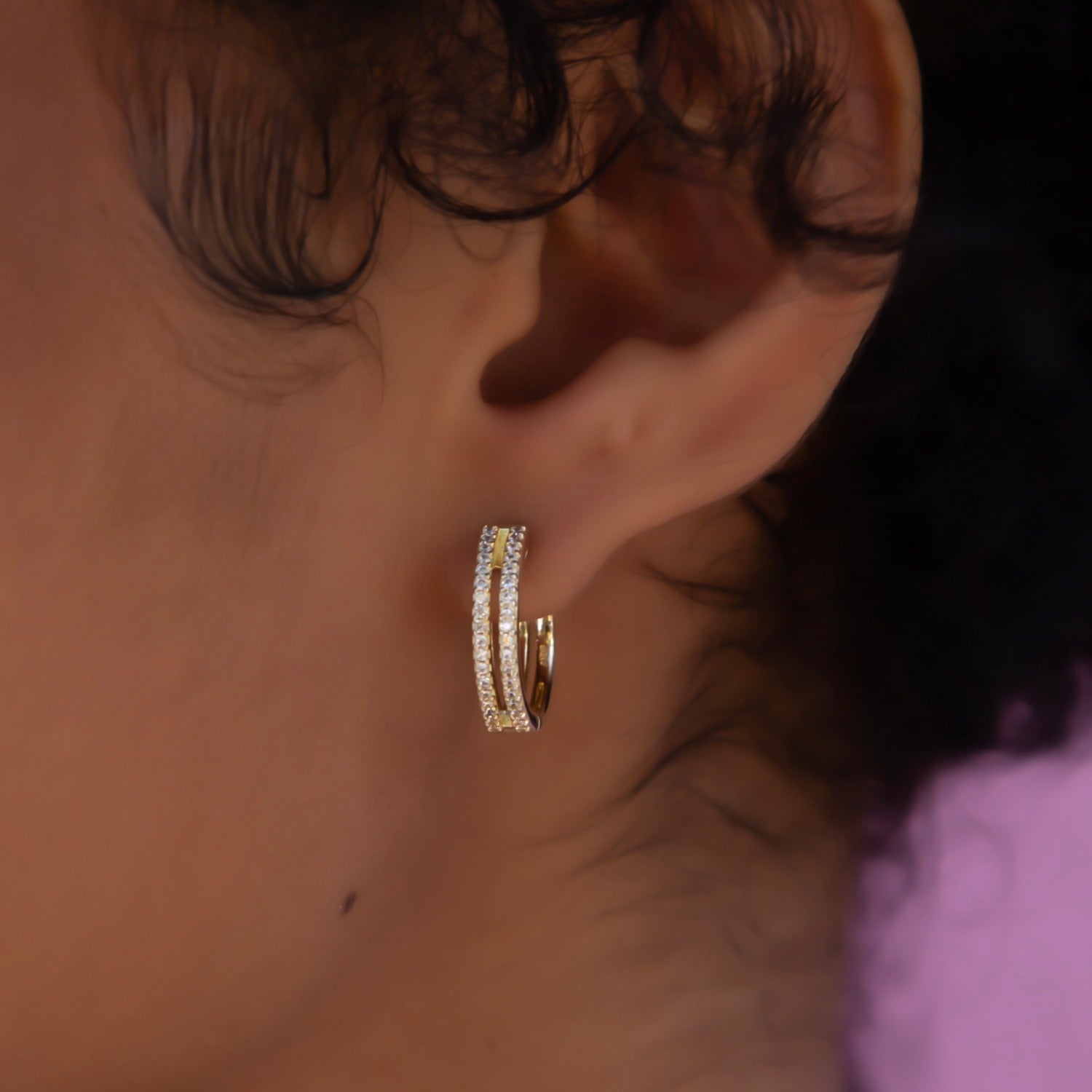 Split Iced Huggie Hoop Earrings in Yellow Gold