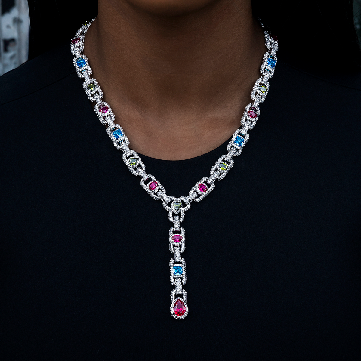 Diamond Cluster Mariner Teardrop Multicolor Lariat Necklace in White Gold