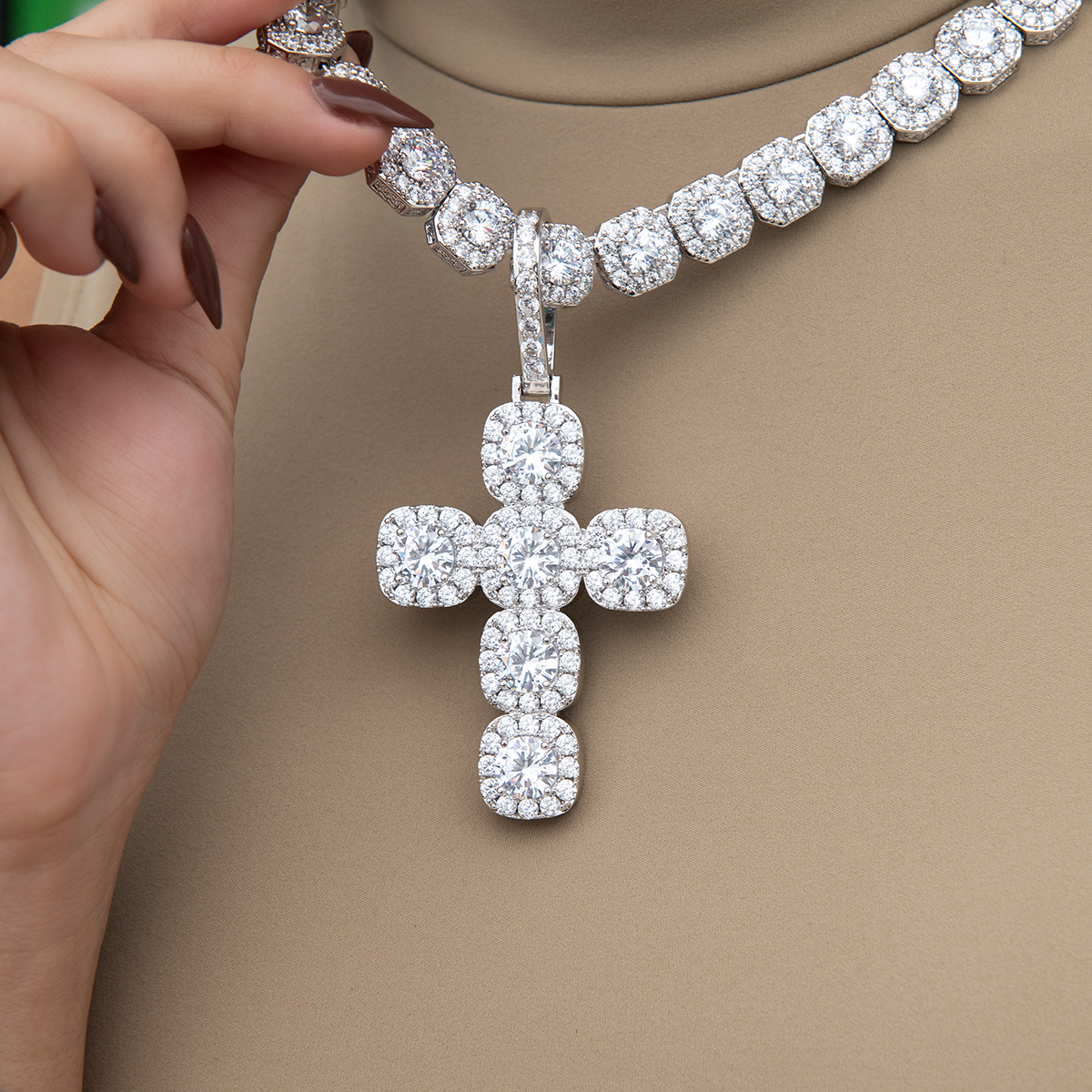 Gem Stone Cross Pendant in White Gold