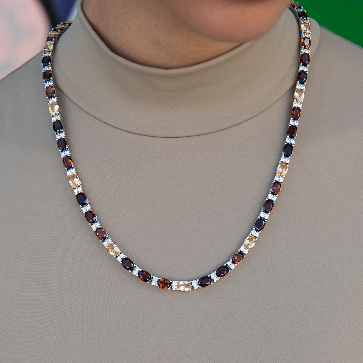 Multicolor Mixed Oval Cut Tennis Tonal Brown Stones Necklace- 5mm