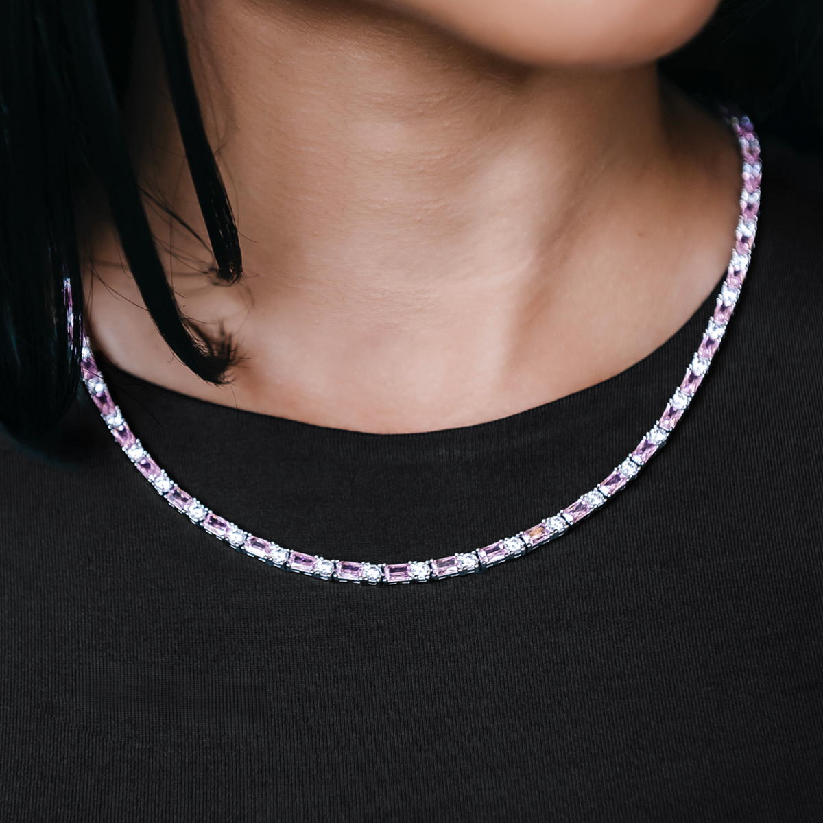 Pink Diamond Baguette Tennis Necklace