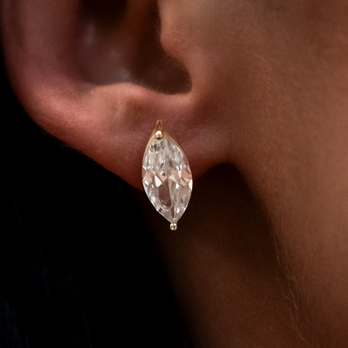 7mm Marquise Cut Diamond Stud Earrings in Yellow Gold