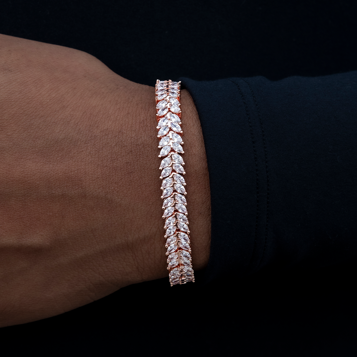 Iced Herringbone Bracelet in Rose Gold- 7mm