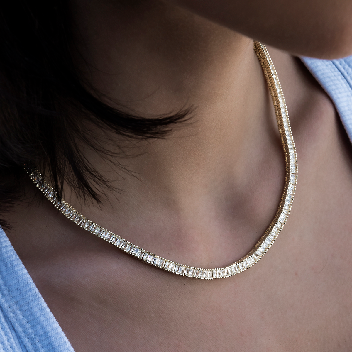 Diamond Baguette Tennis Necklace in Yellow Gold- 3mm