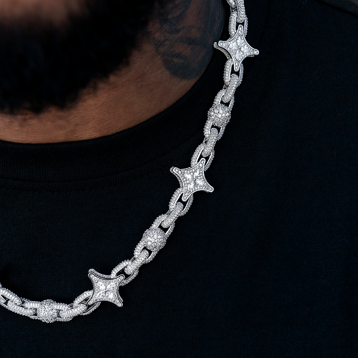 Diamond Ball Star Mariner Chain in White Gold- 10mm