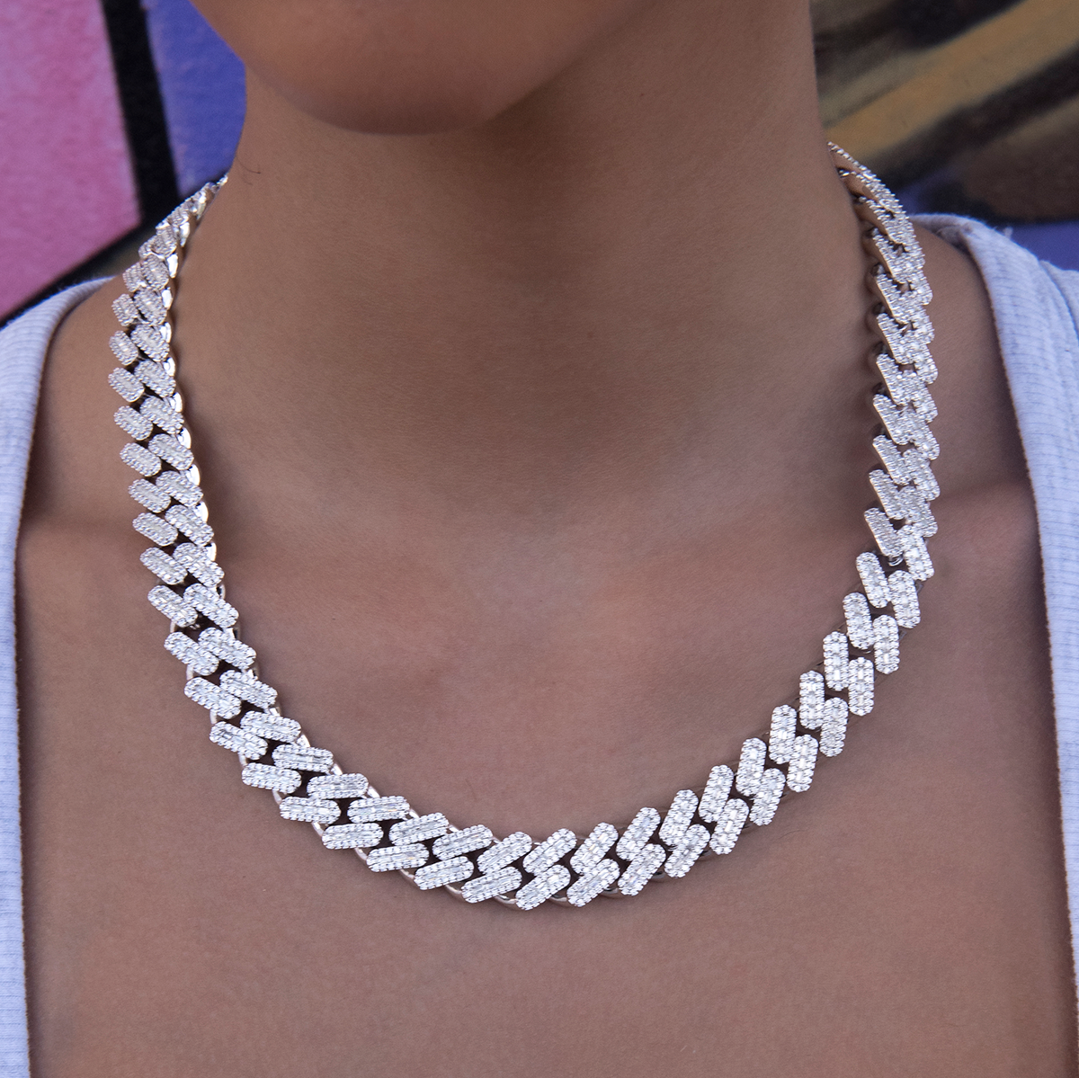 Diamond Baguette Cuban Necklace in White Gold- 12mm