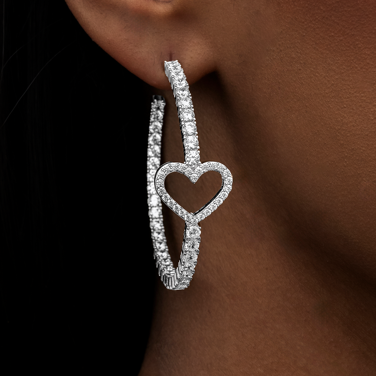 Heart Tennis Hoop Earrings in White Gold