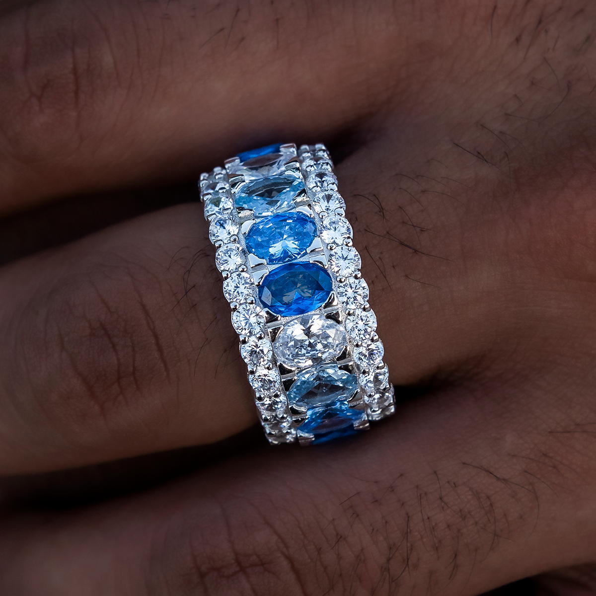 Multicolor Diamond Blue Layered Ring in White Gold Vermeil