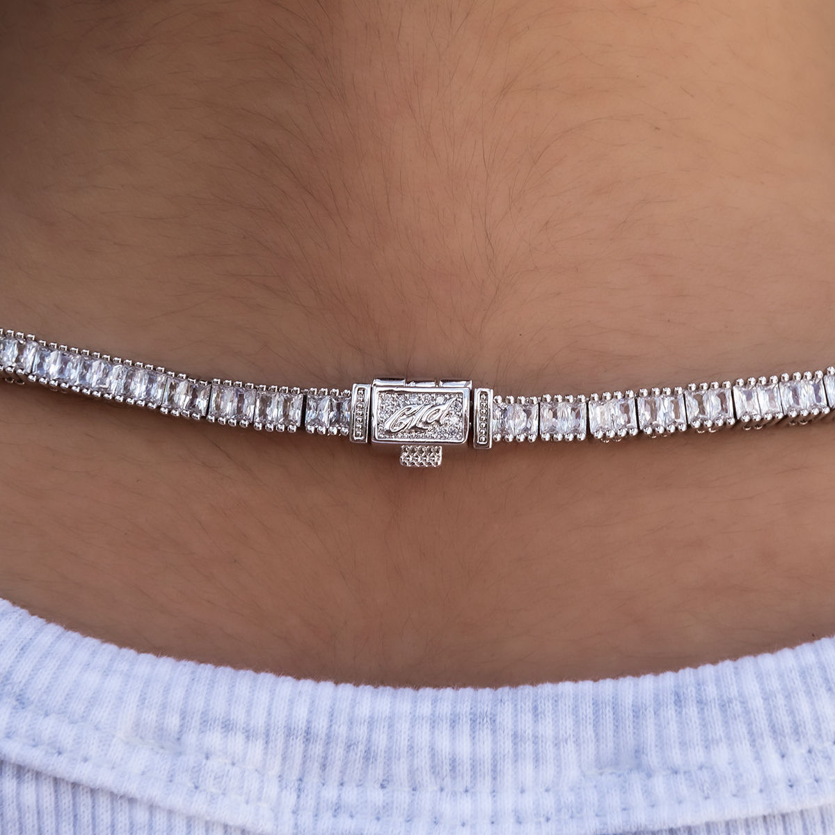 Diamond Baguette Tennis Necklace in White Gold- 3mm