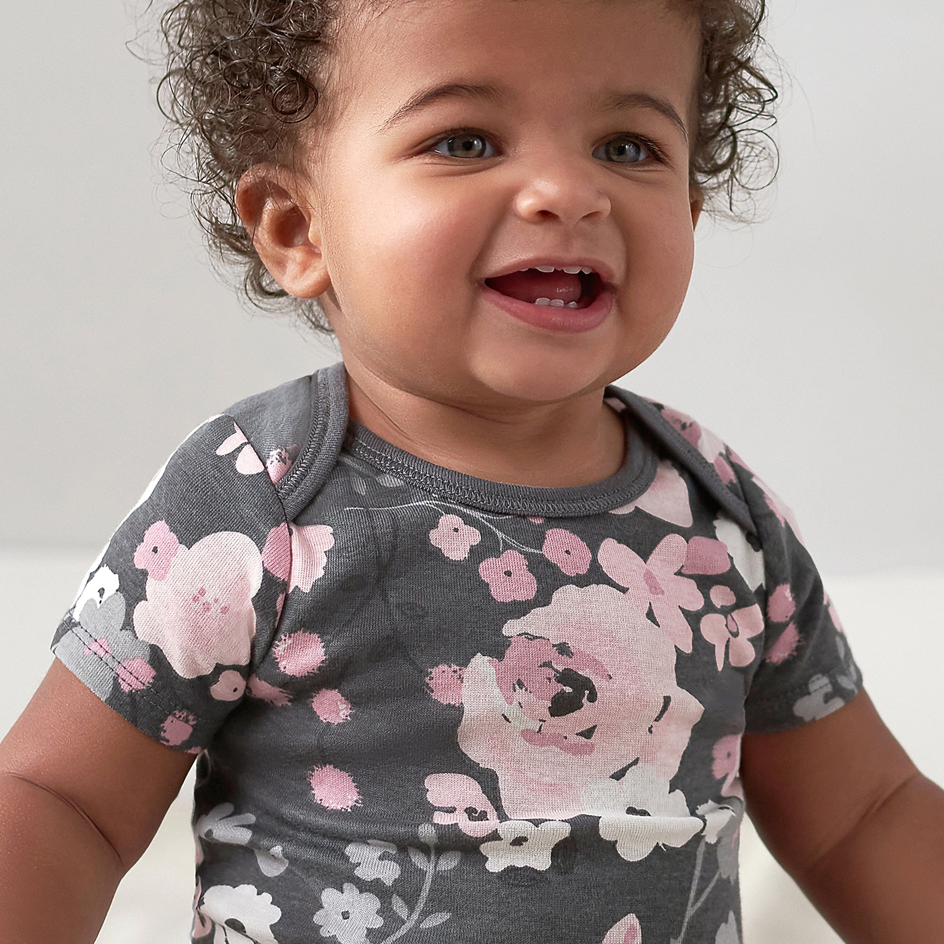 4-Pack Baby Girls Gray Floral Short Sleeve Onesies Bodysuits