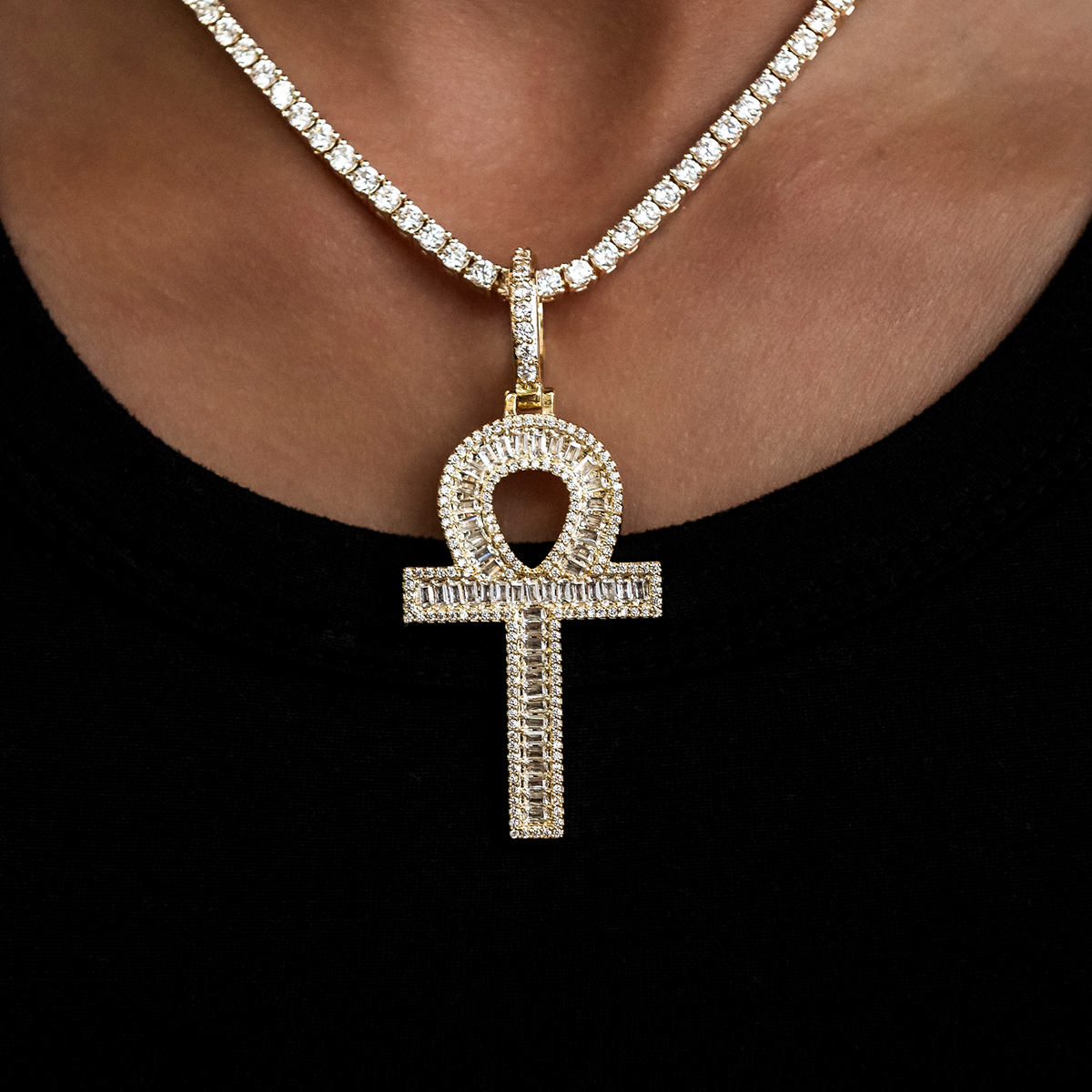 Diamond Baguette Ankh Cross Pendant in Yellow Gold