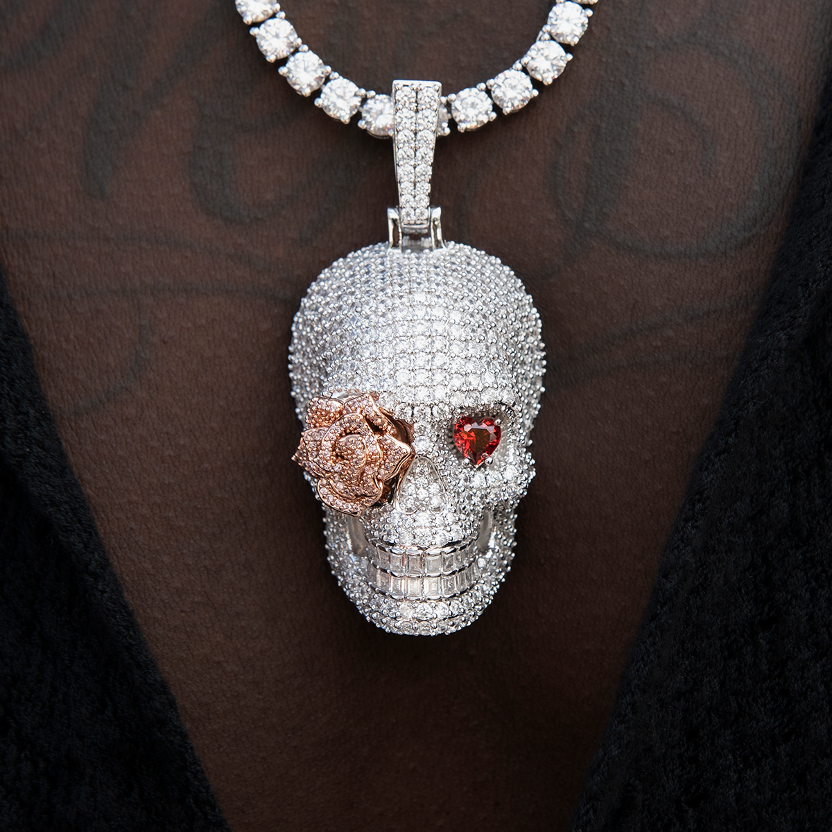 Large Iced Rose Skull Pendant