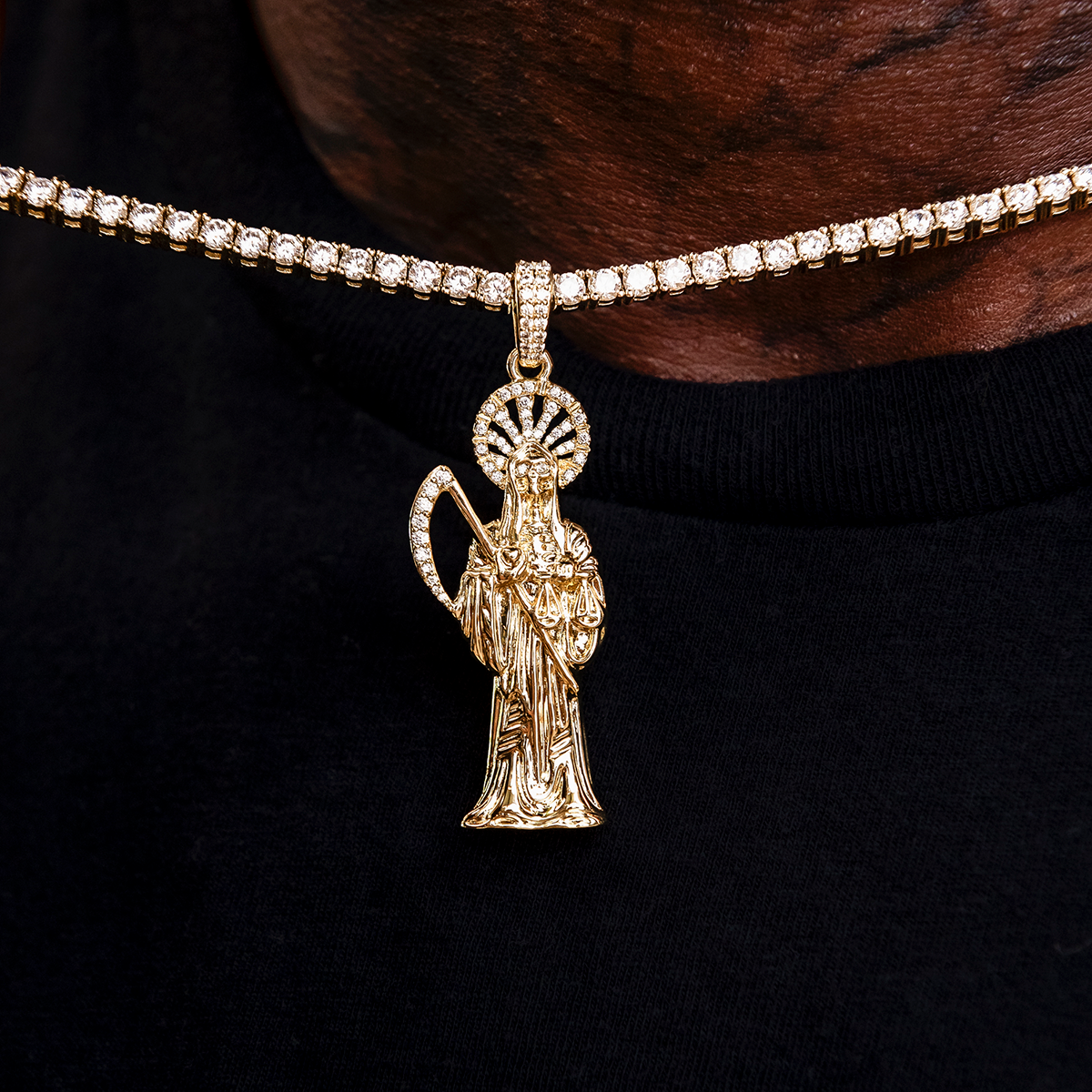 Iced Grim Reaper Pendant in Yellow Gold