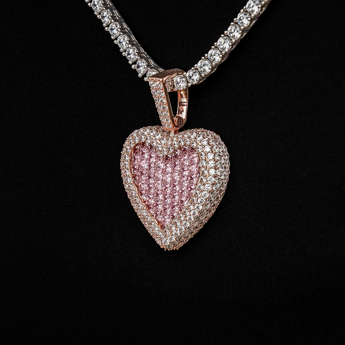 Pink Baguette Heart Pendant in Rose Gold