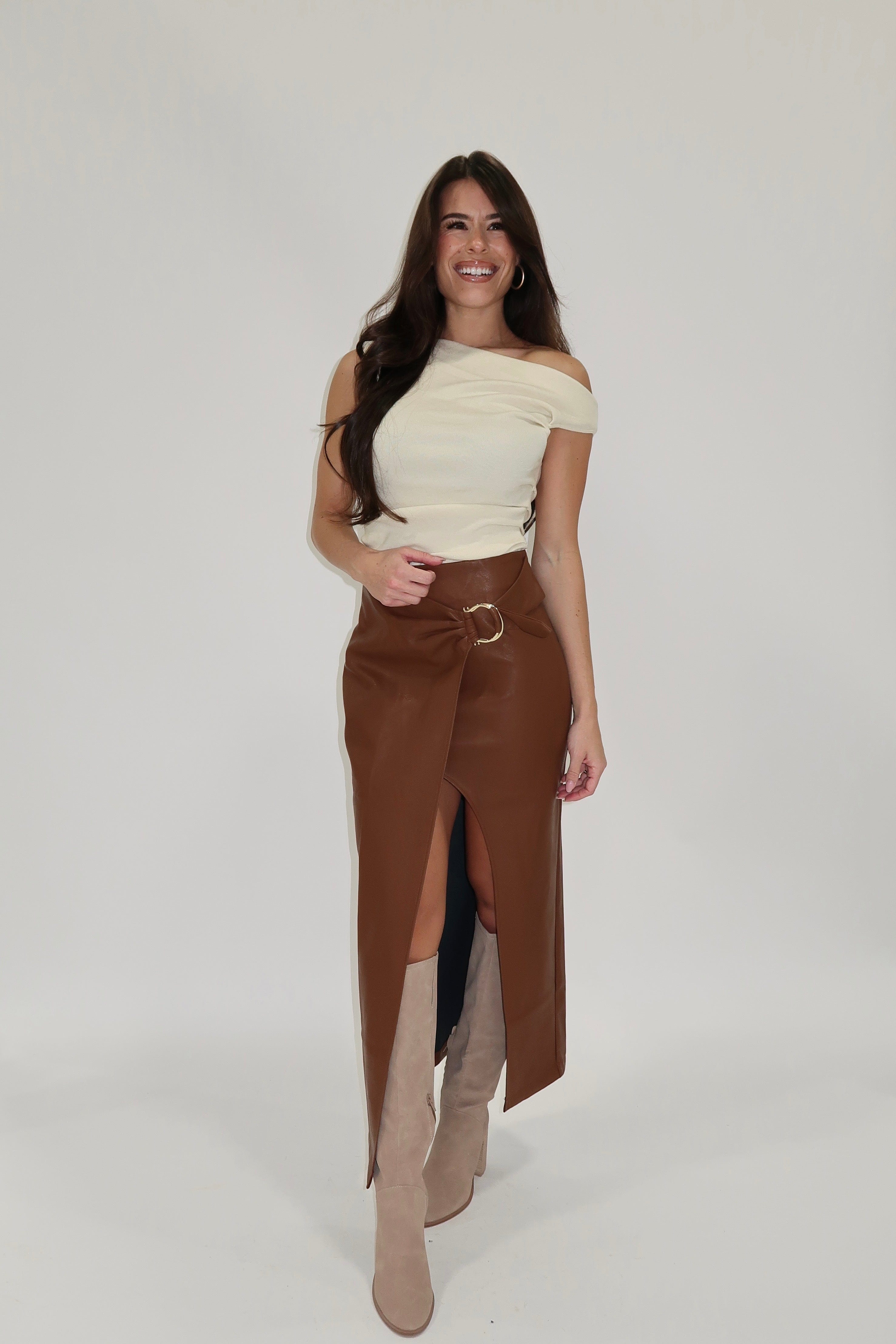 Brown Wrap Front Leather Skirt