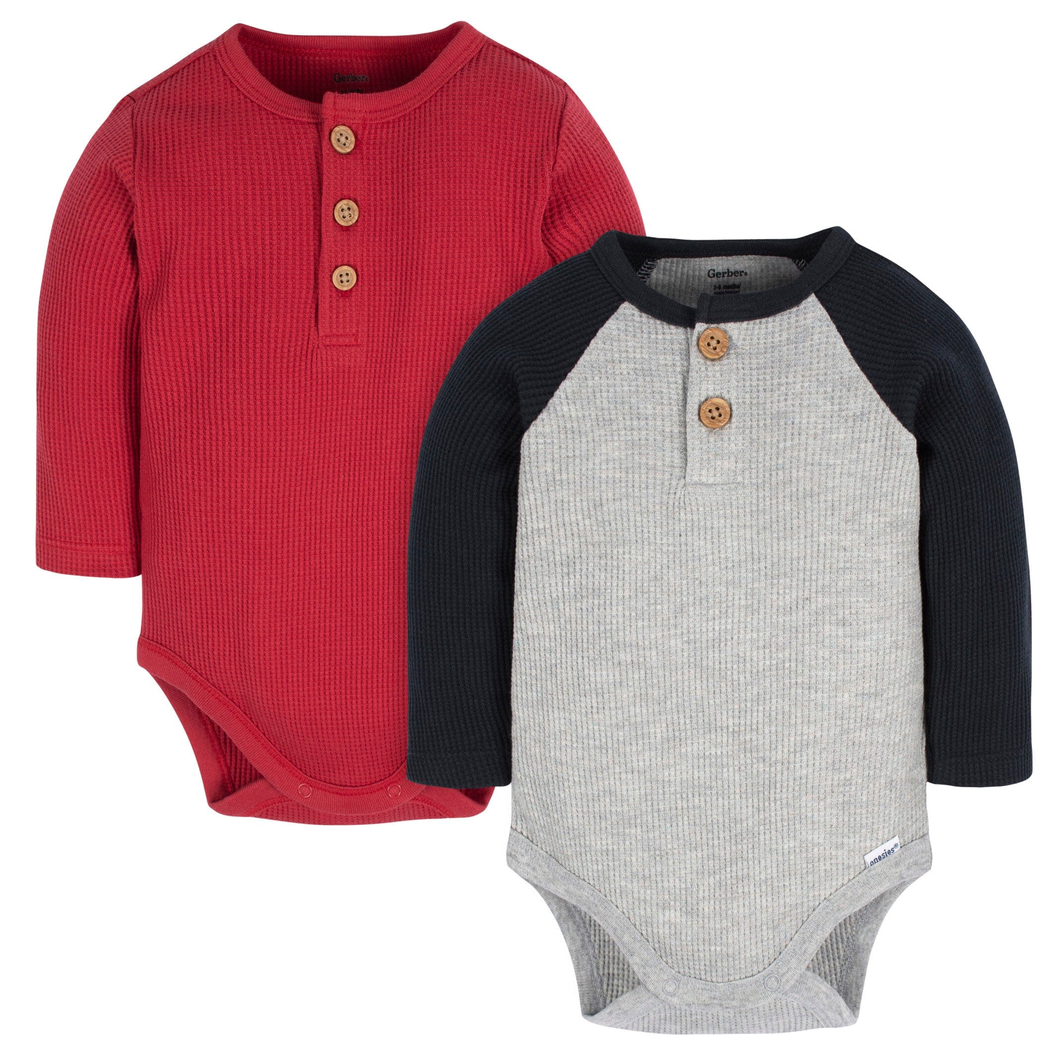 2-Pack Baby Boys Red & Heather Gray Long Sleeve Henley Onesies Bodysuits