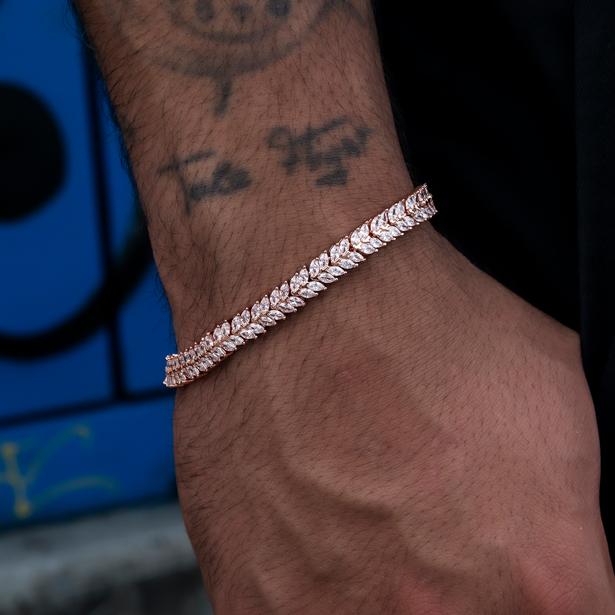 Iced Herringbone Bracelet in Rose Gold- 7mm