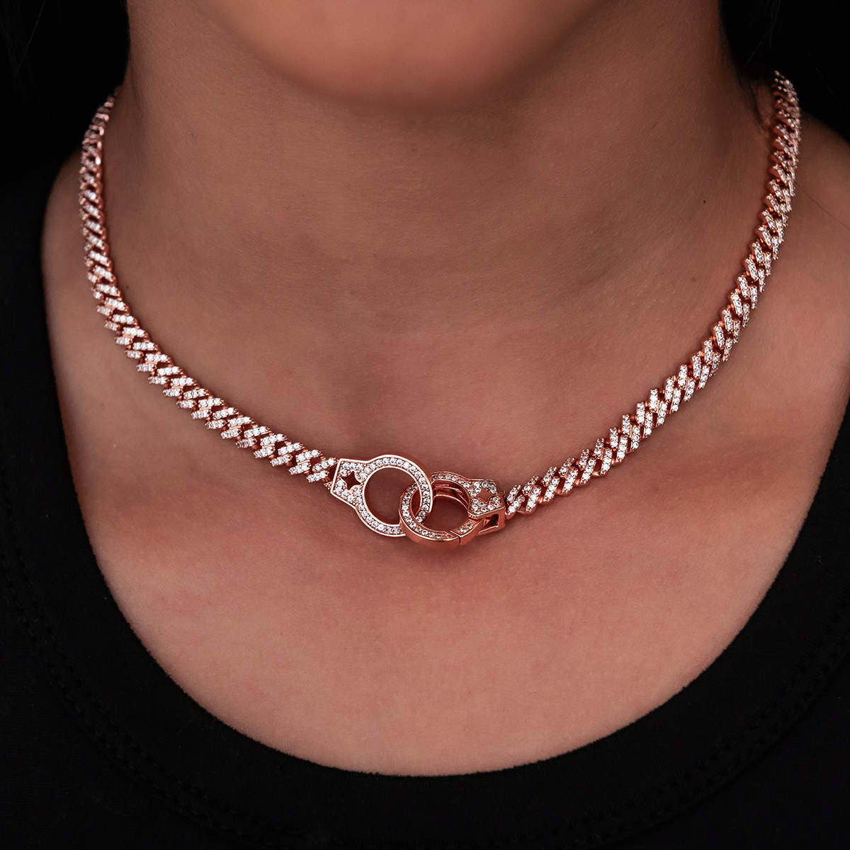 Iced Handcuff Diamond Prong Cuban Necklace in Rose Gold