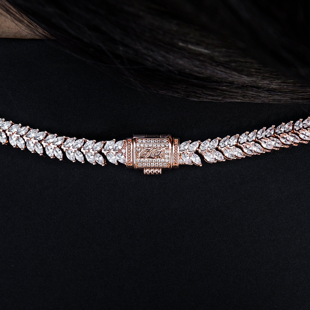 Iced Herringbone Necklace in Rose Gold- 7mm