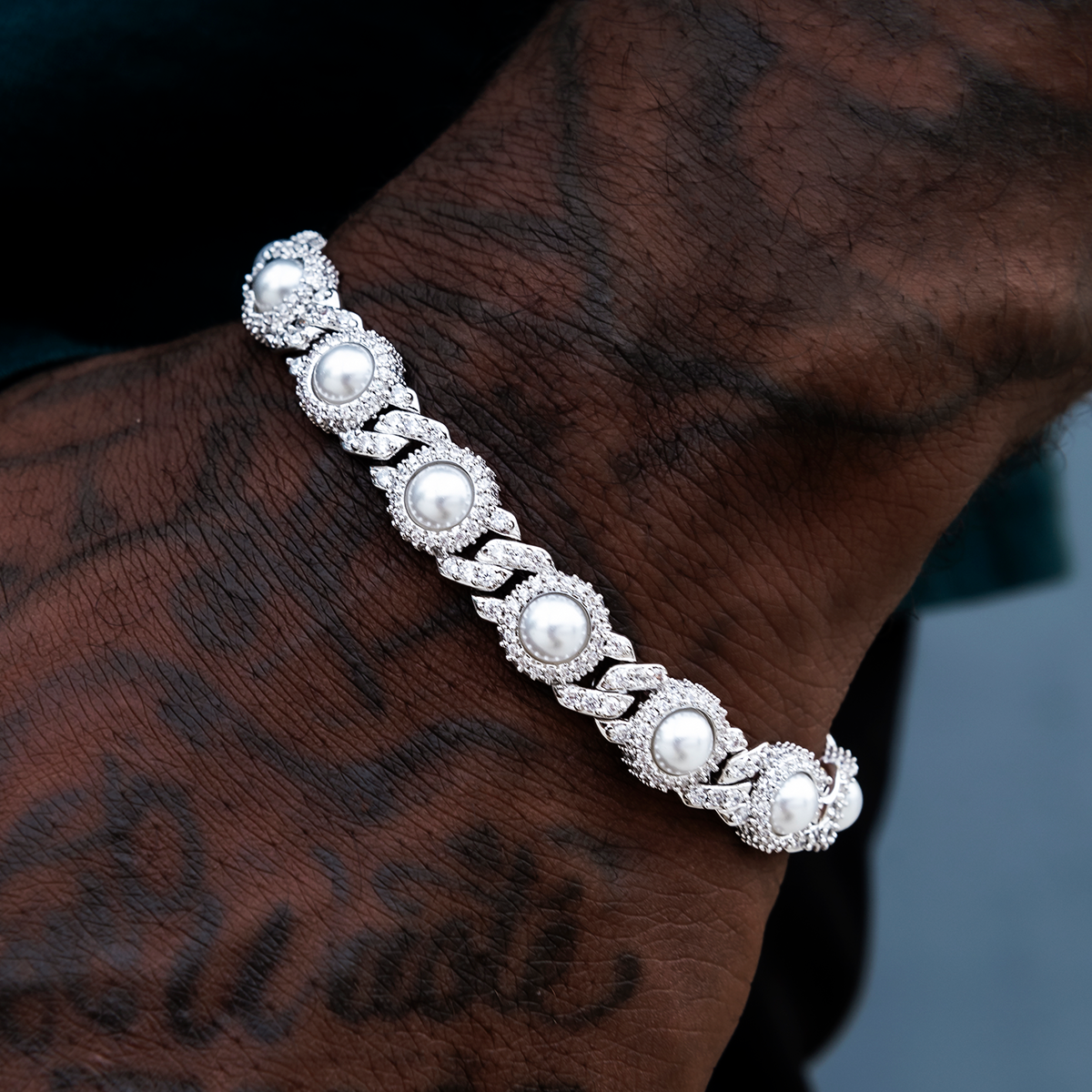 10mm Iced Halo Cuban Bracelet with Pearls in White Gold