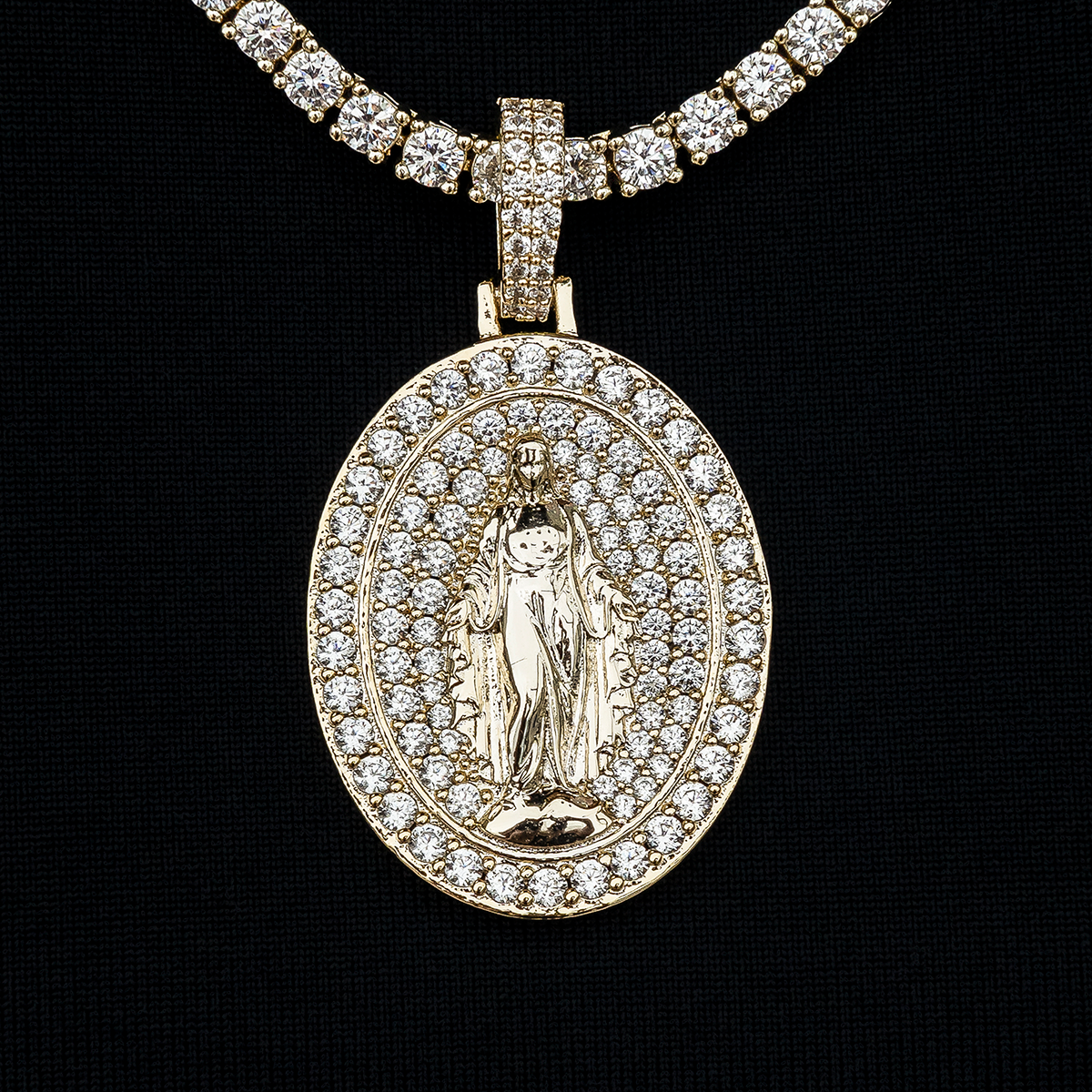 Iced Lady of Guadalupe Pendant in Yellow Gold