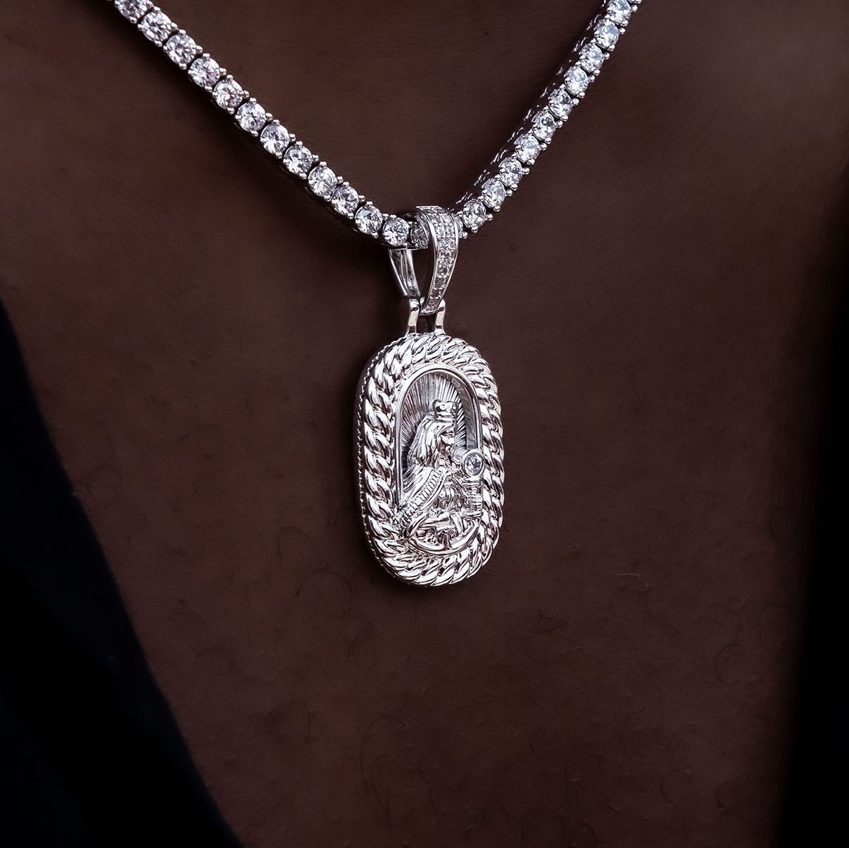 Icon Crowned Mary Pendant in White Gold